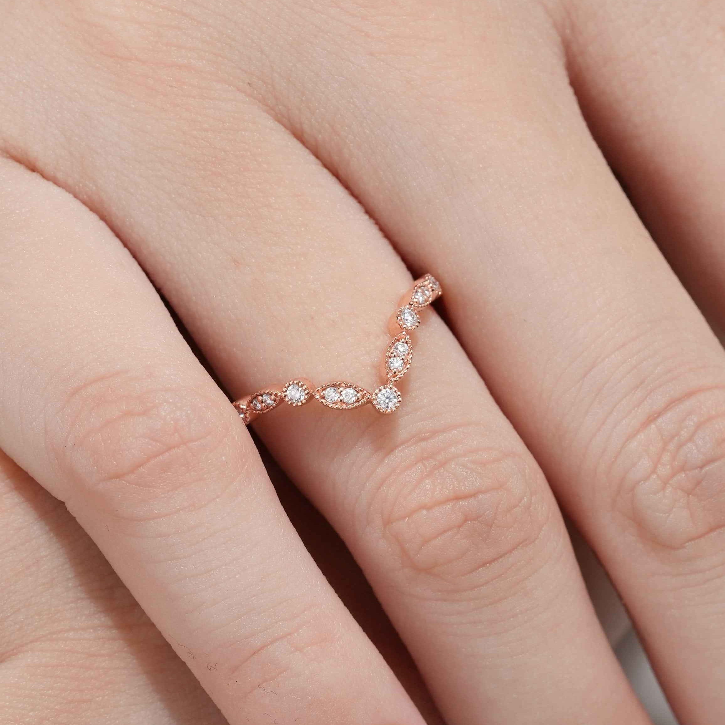 Vintage Moissanite Chevron Wedding Band Rose Gold