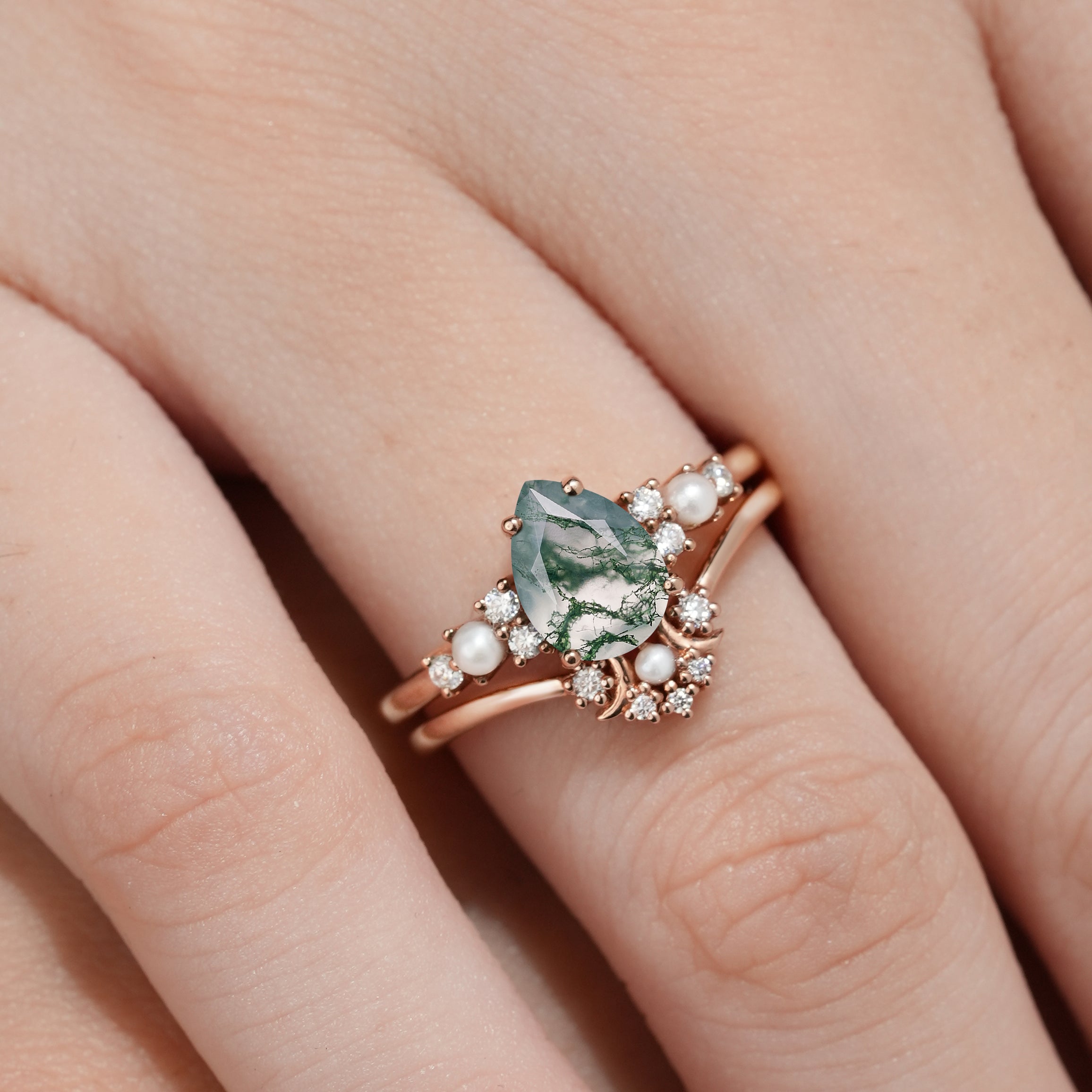 Rose Gold Pear Cut Moss Agate Engagement Ring with Moon Wedding Band
