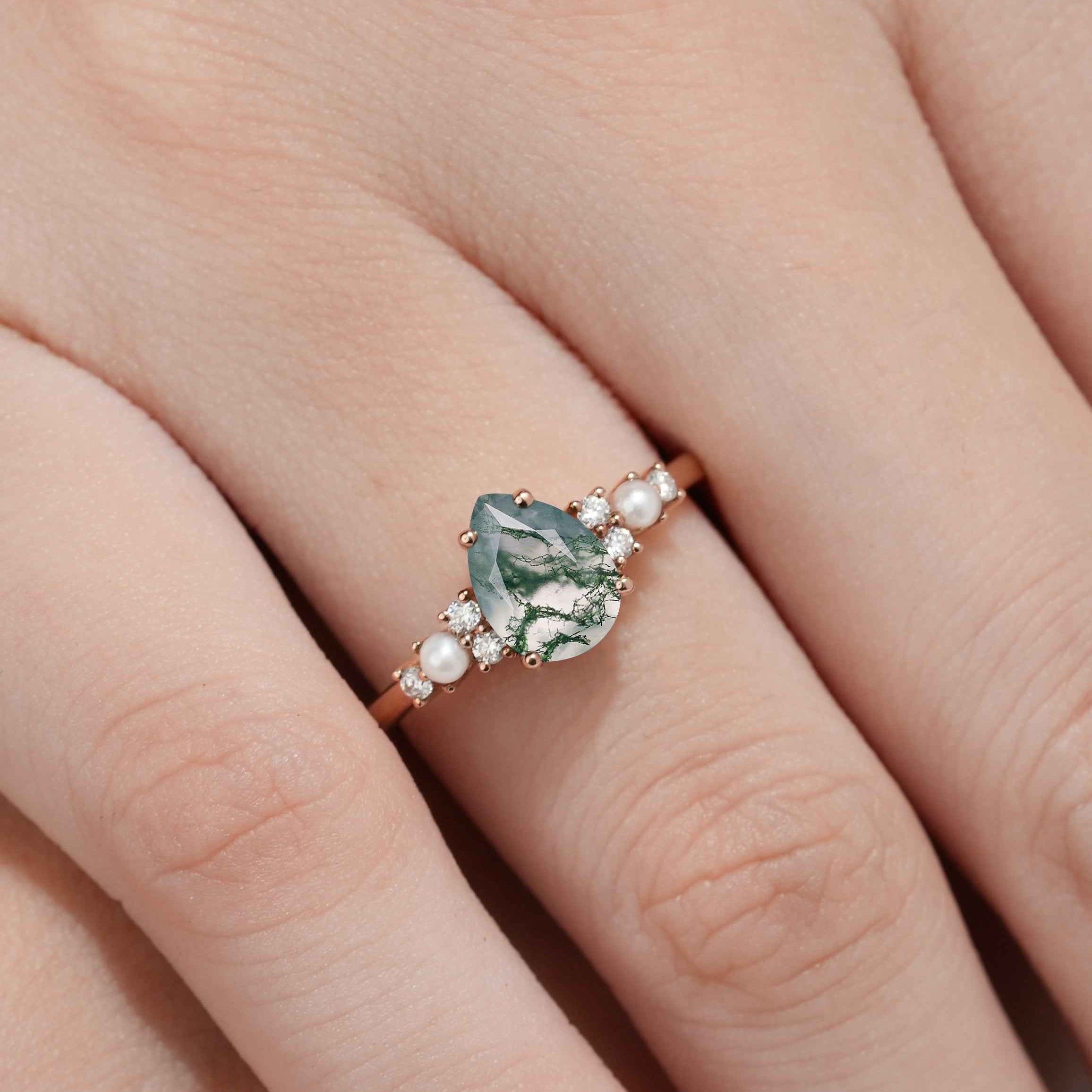 Unique Pear Cut Moss Agate Engagement Ring Moissanite And Pearl Cluster