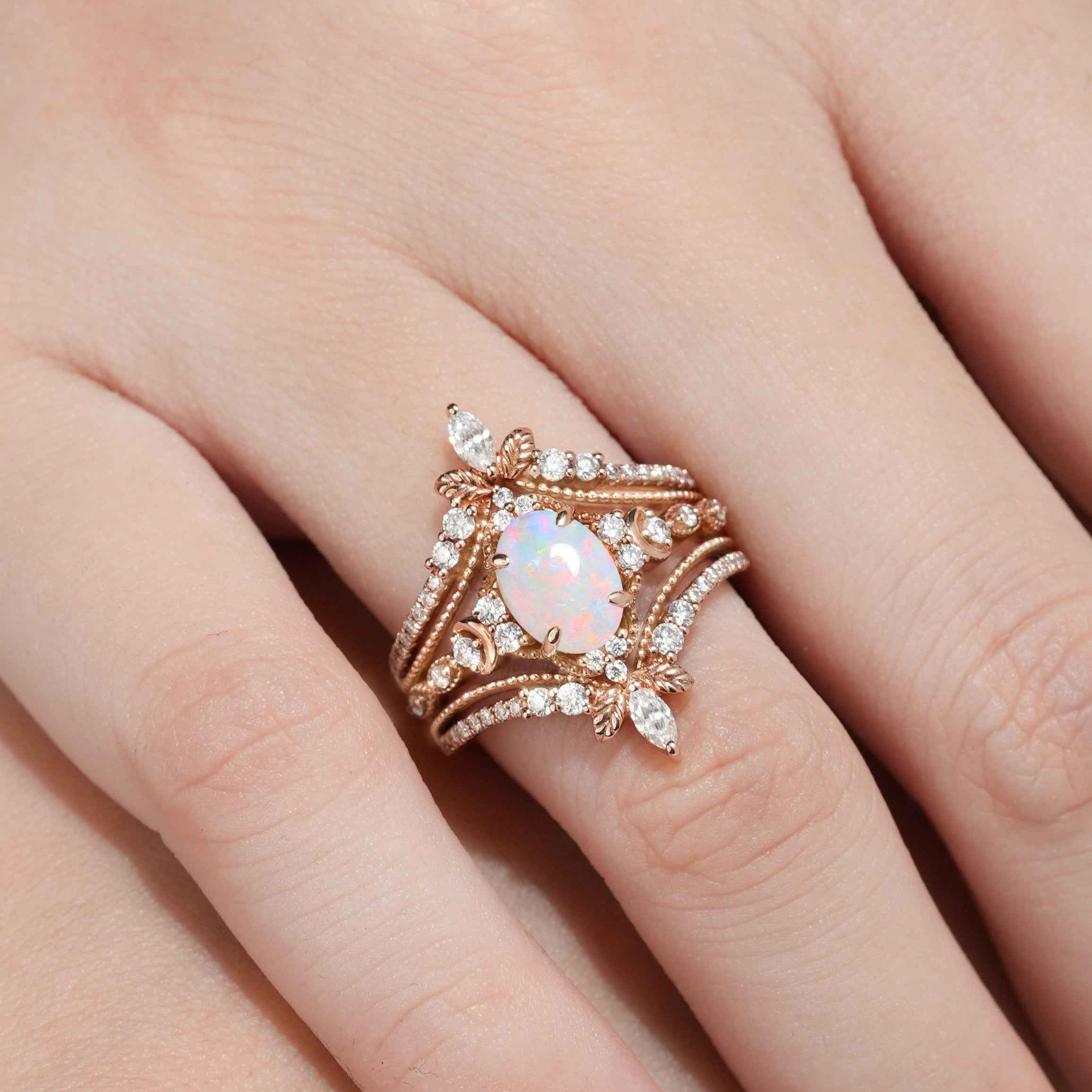 Opal Engagement Ring Nature Inspired Leaf Enhancer Wedding Band 2pcs