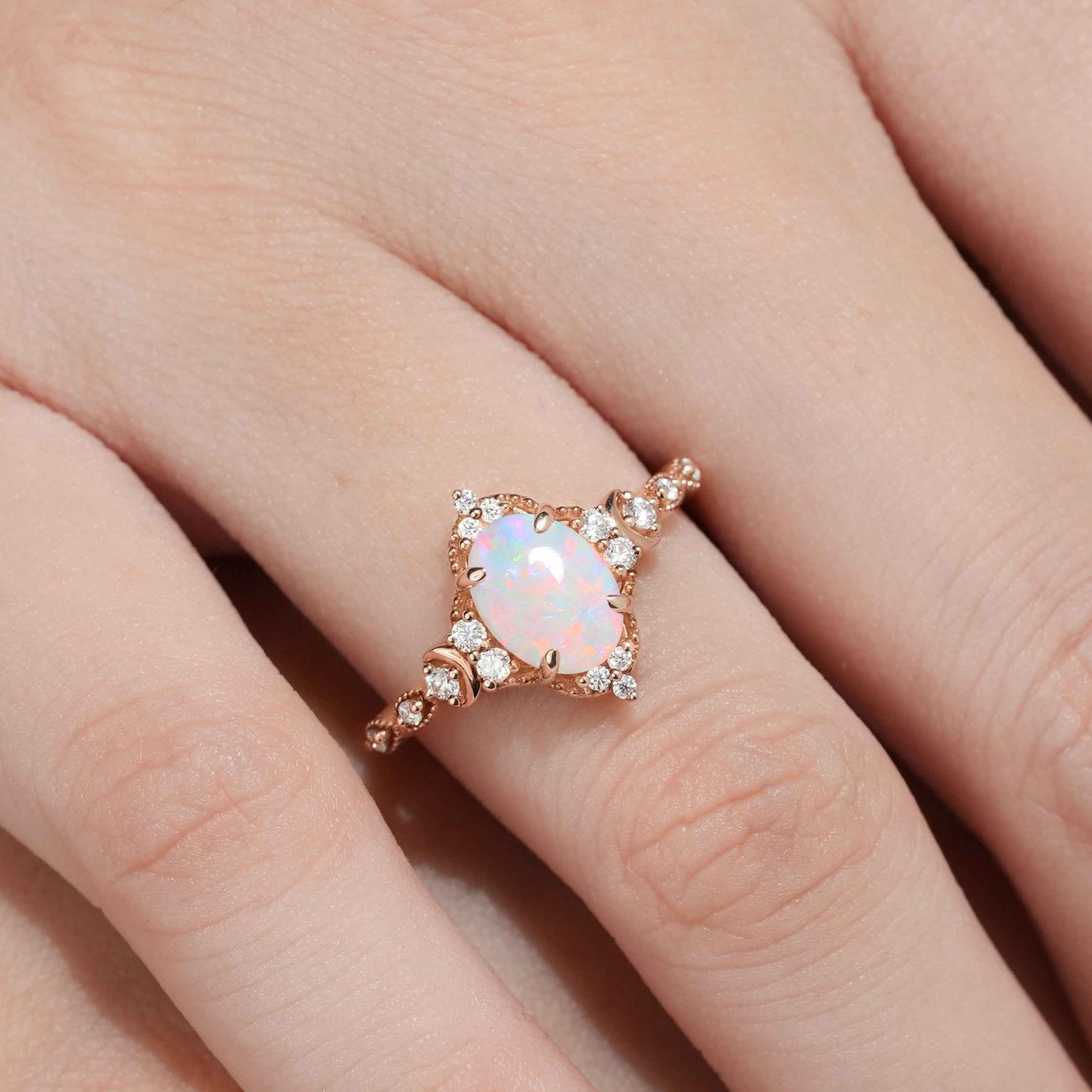 Unique Oval Opal Engagement Ring Moon Ring Rose Gold