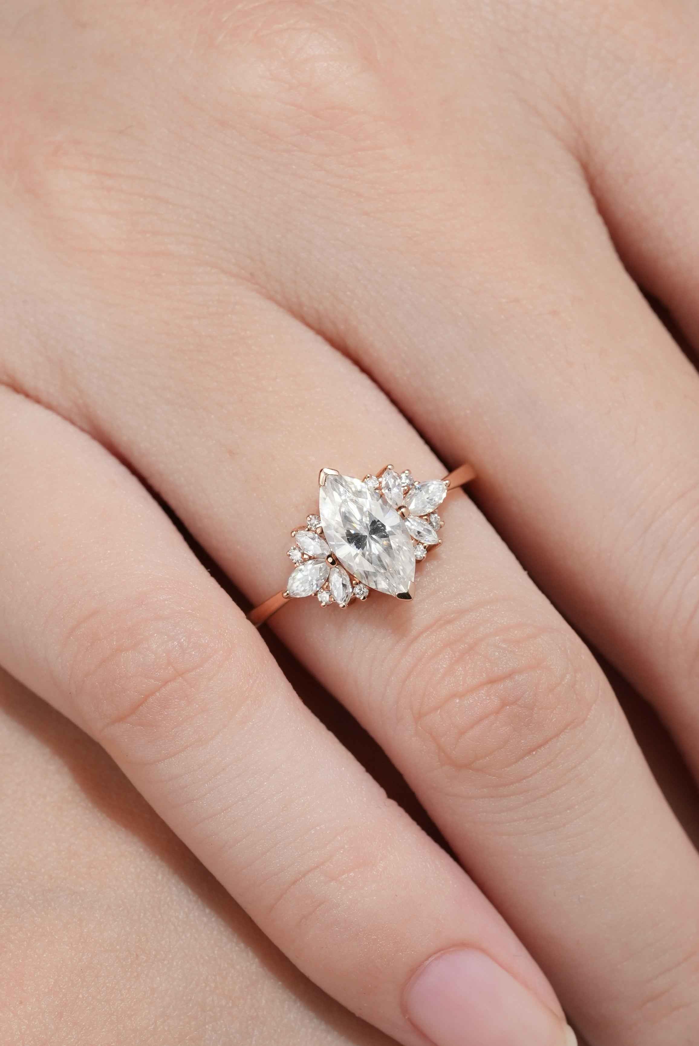 Unique Marquise Cut Moissanite Engagement Ring Rose Gold Ring