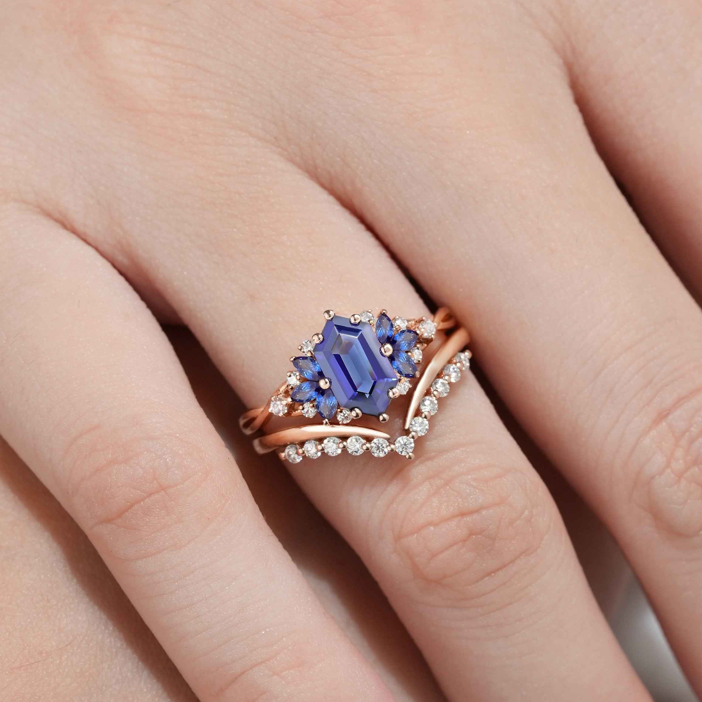 Dainty Hexagon Cut Blue Sapphire Engagement Ring Set Chevron Wedding Band 2pcs