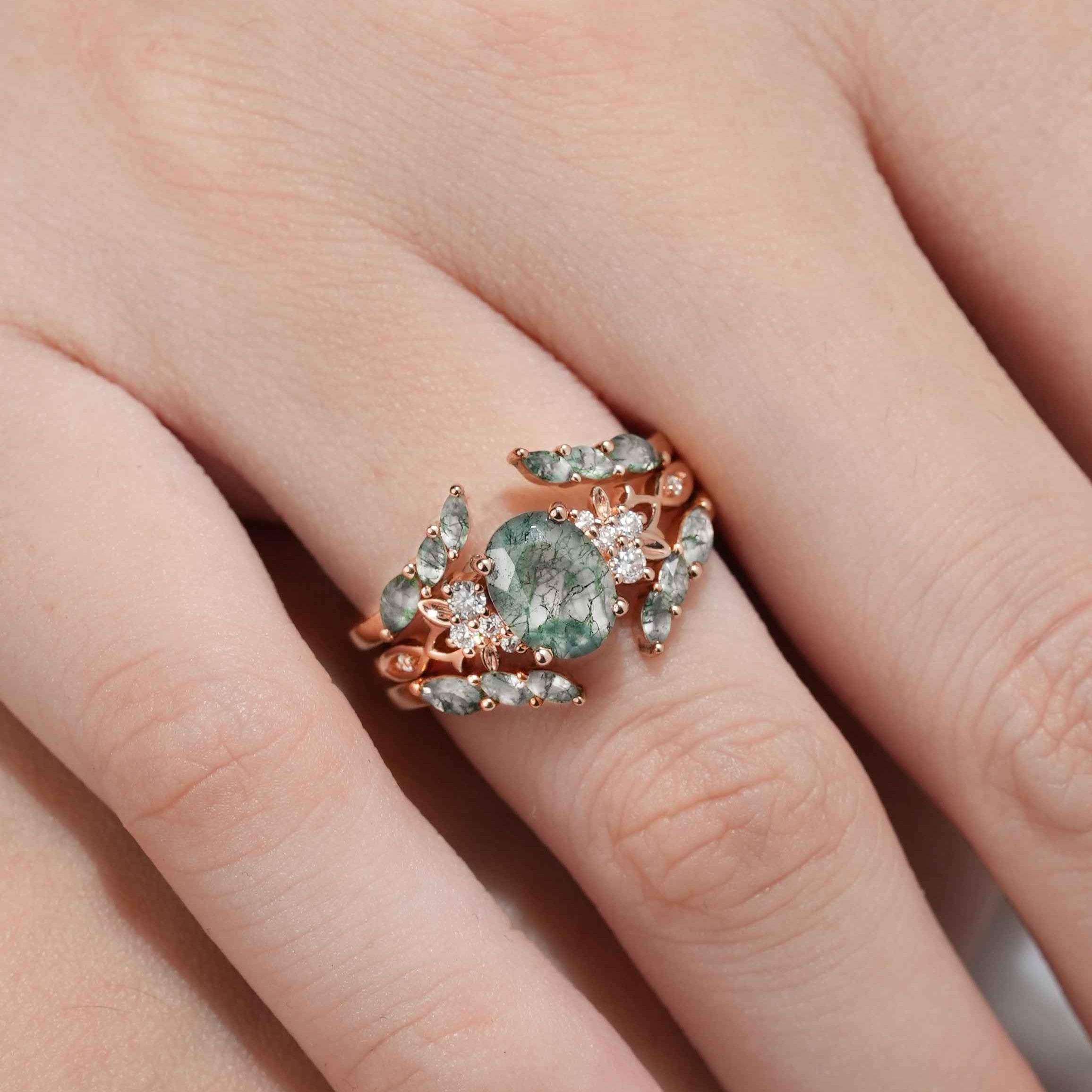 Moss Agate Engagement Rings Set Enhancer Wedding Band