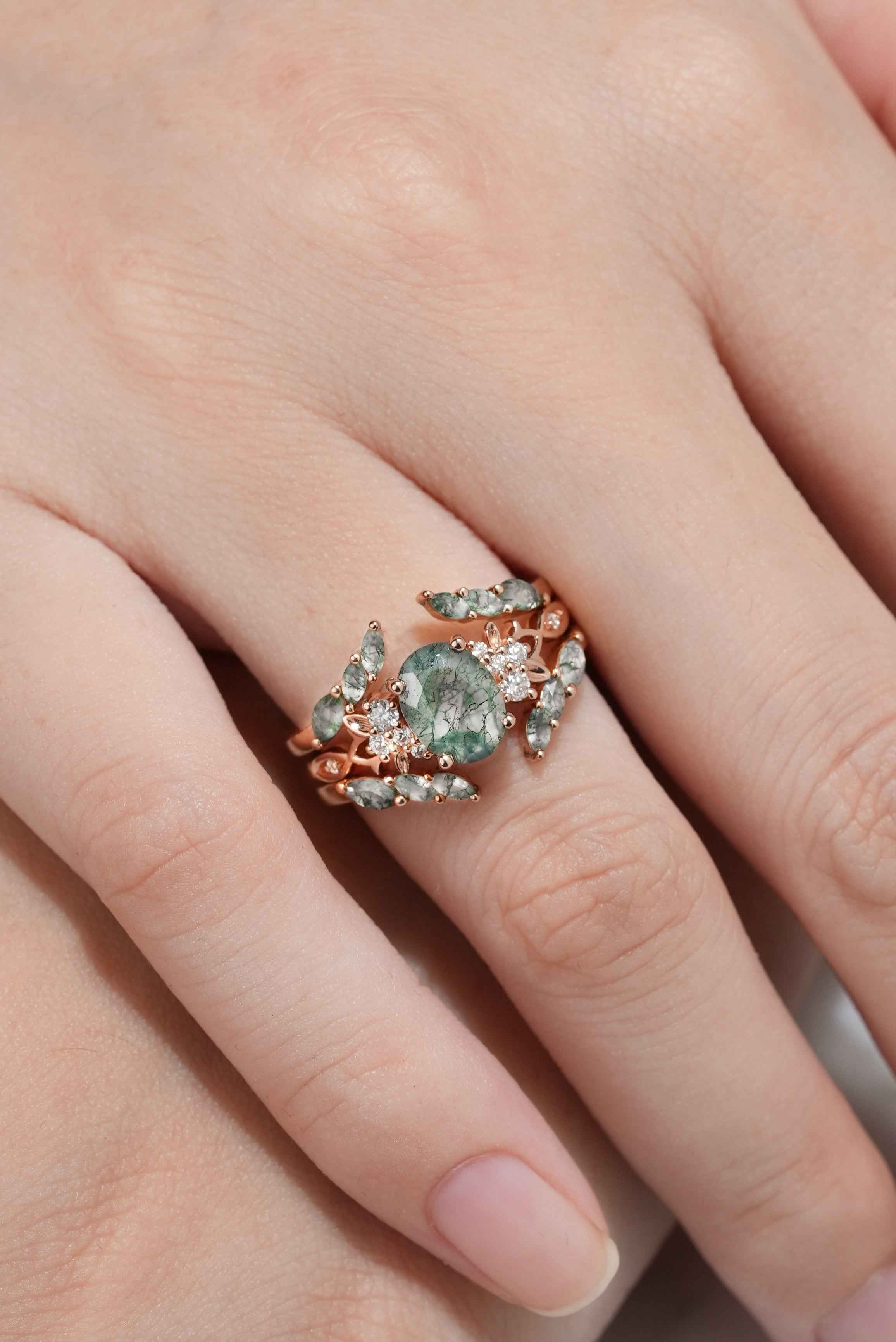 Moss Agate Engagement Rings Set Enhancer Wedding Band