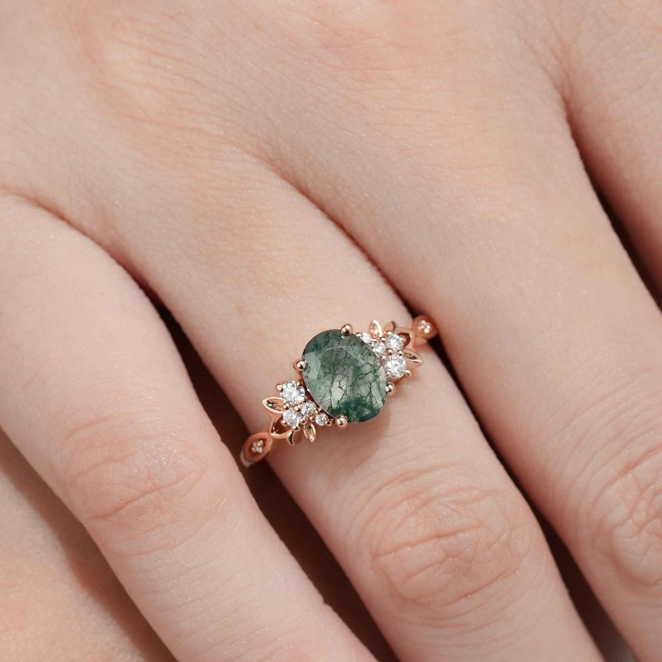 Oval Cut Moss Agate Engagement Ring Nature Inspired Leaf Ring