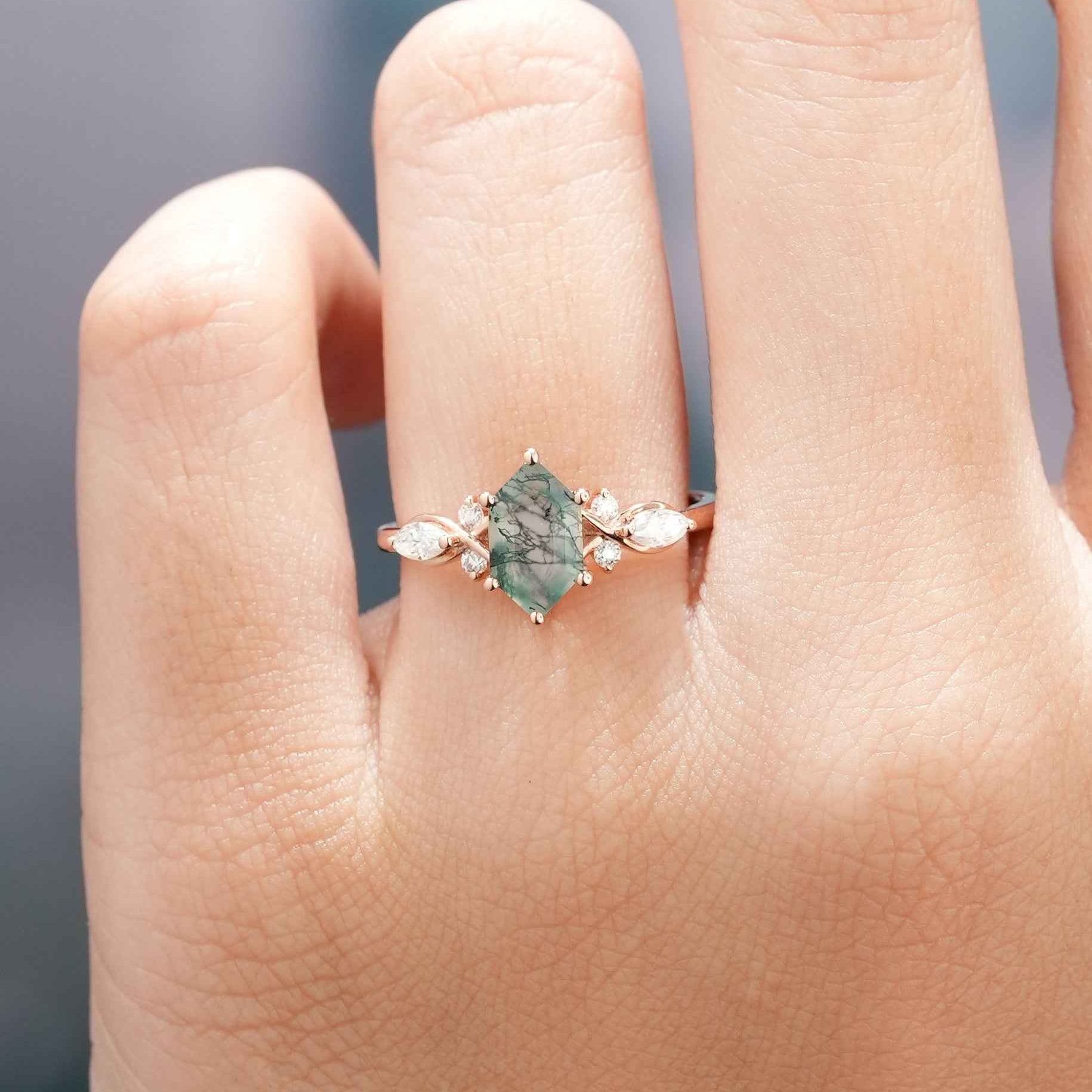 Unique Hexagon Shaped Moss Agate Engagement Ring