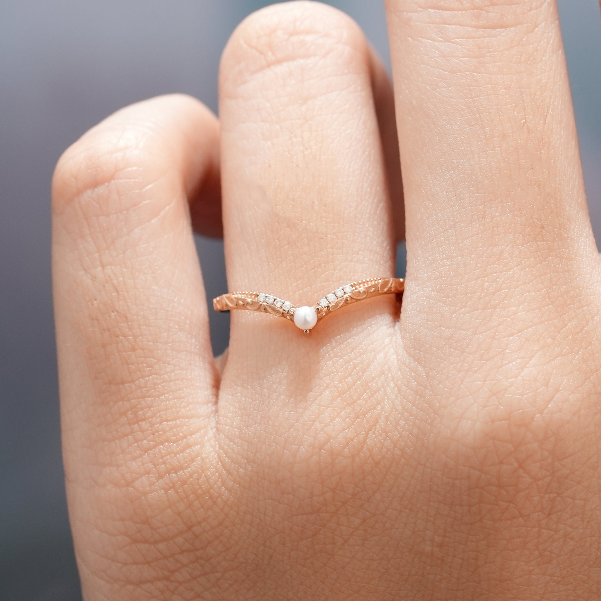 Rose Gold Chevron Wedding Band with Pearl and Moissanite