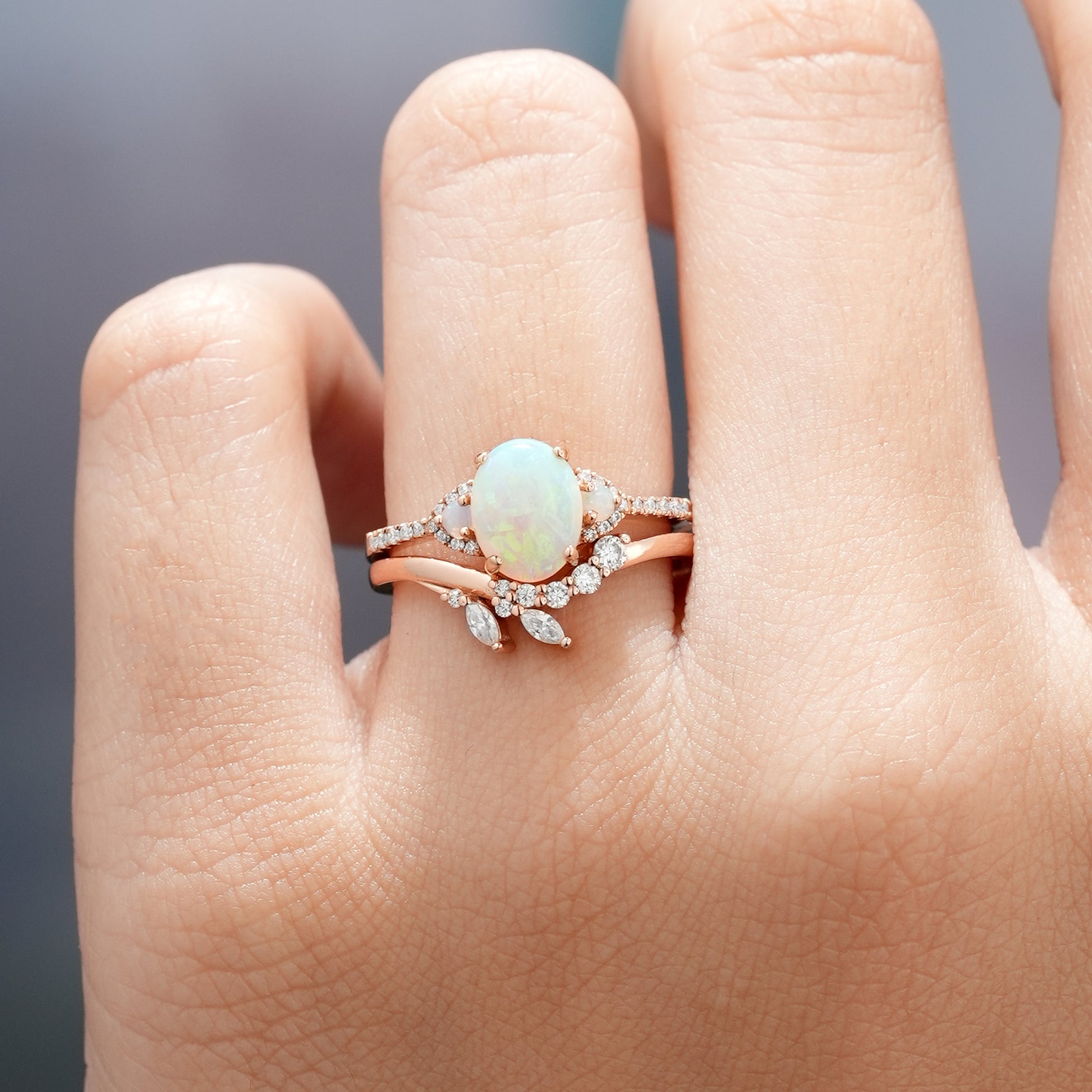 Rose Gold Oval Opal Engagement Ring Set with Leaf and Chevron band