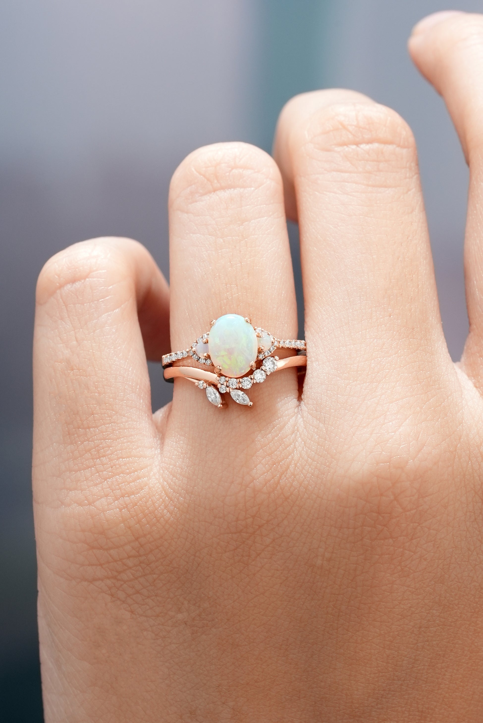 Rose Gold Oval Opal Engagement Ring Set with Leaf and Chevron band