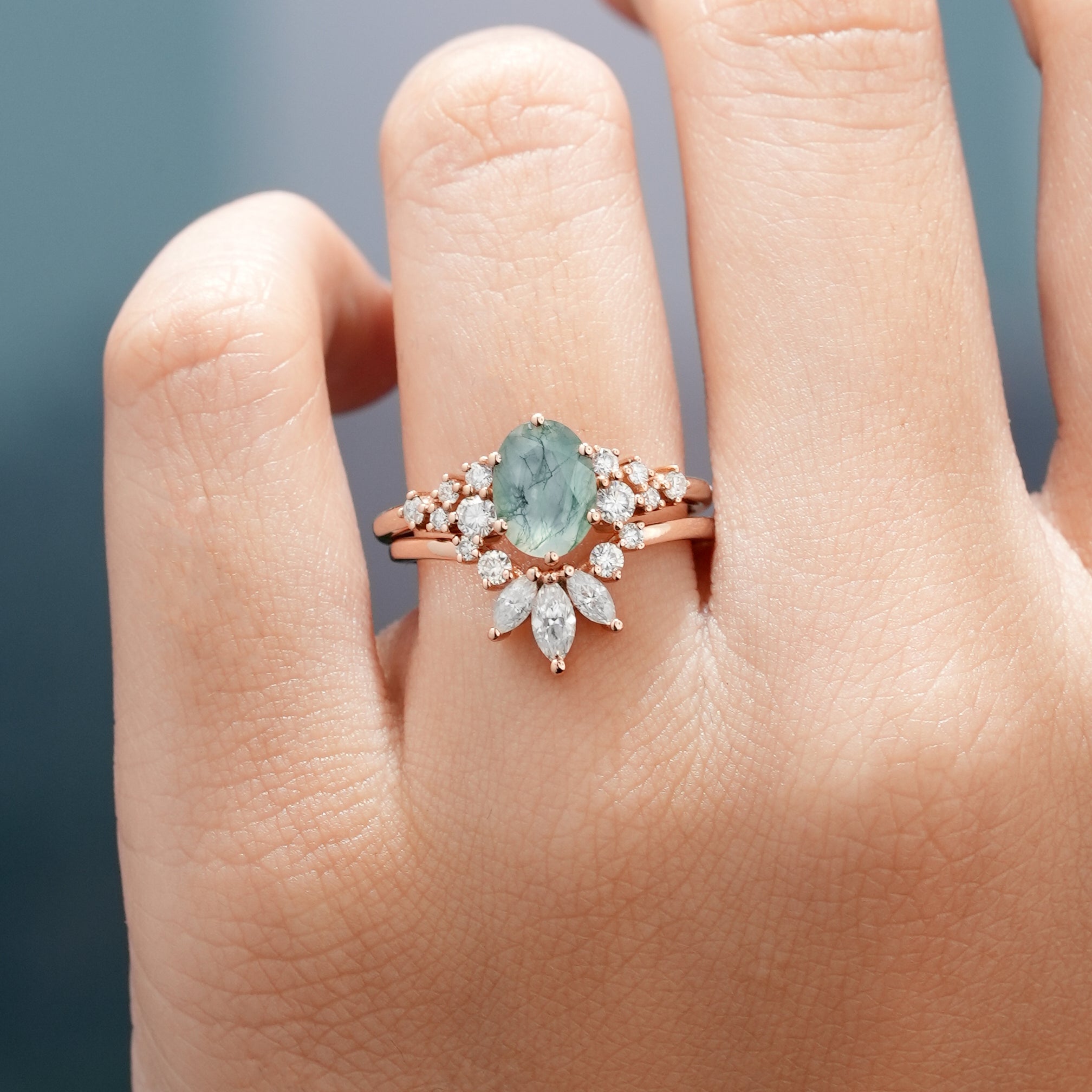 Rose gold engagement ring set with moss agate and moissanite wedding band