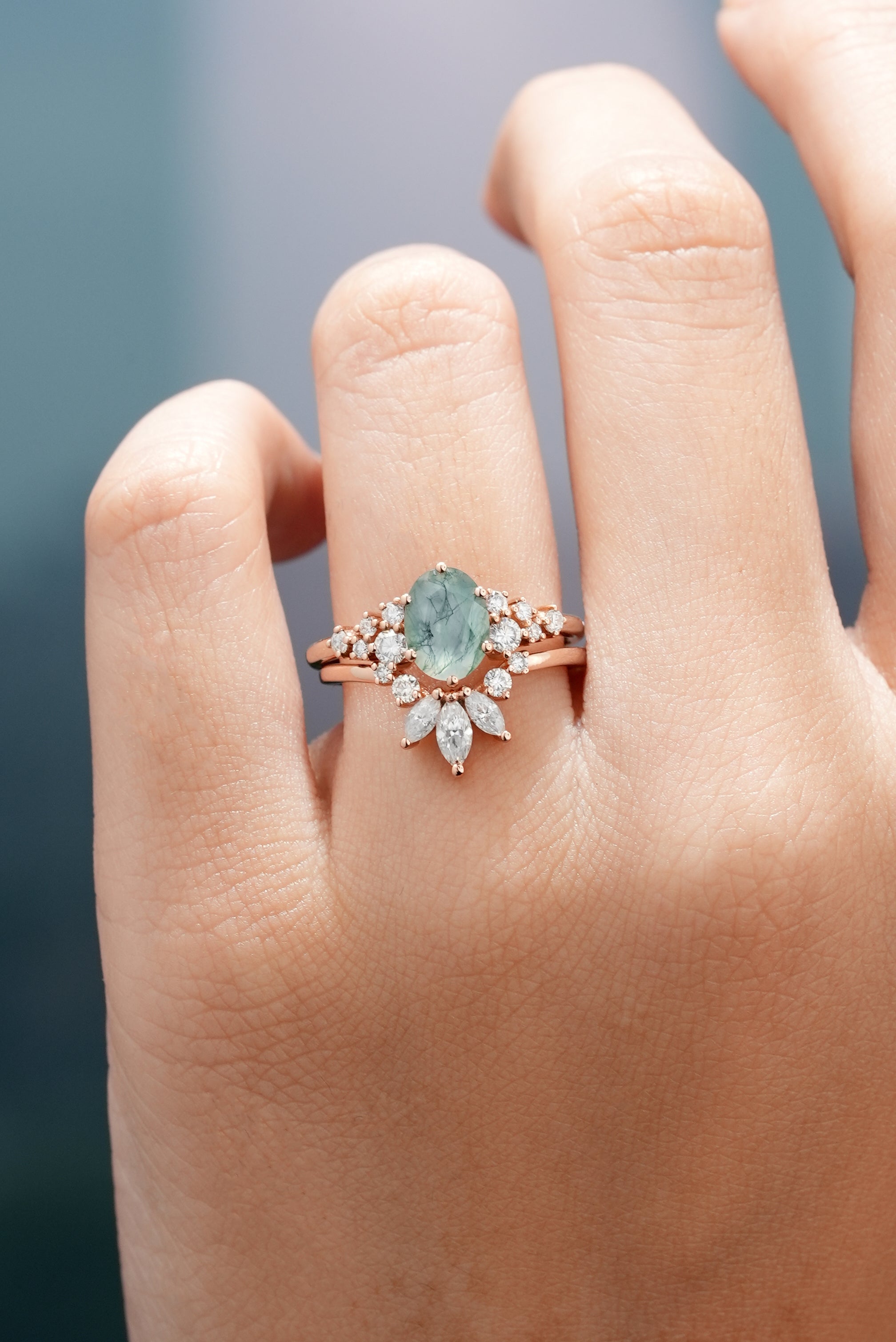Rose gold engagement ring set with moss agate and moissanite wedding band