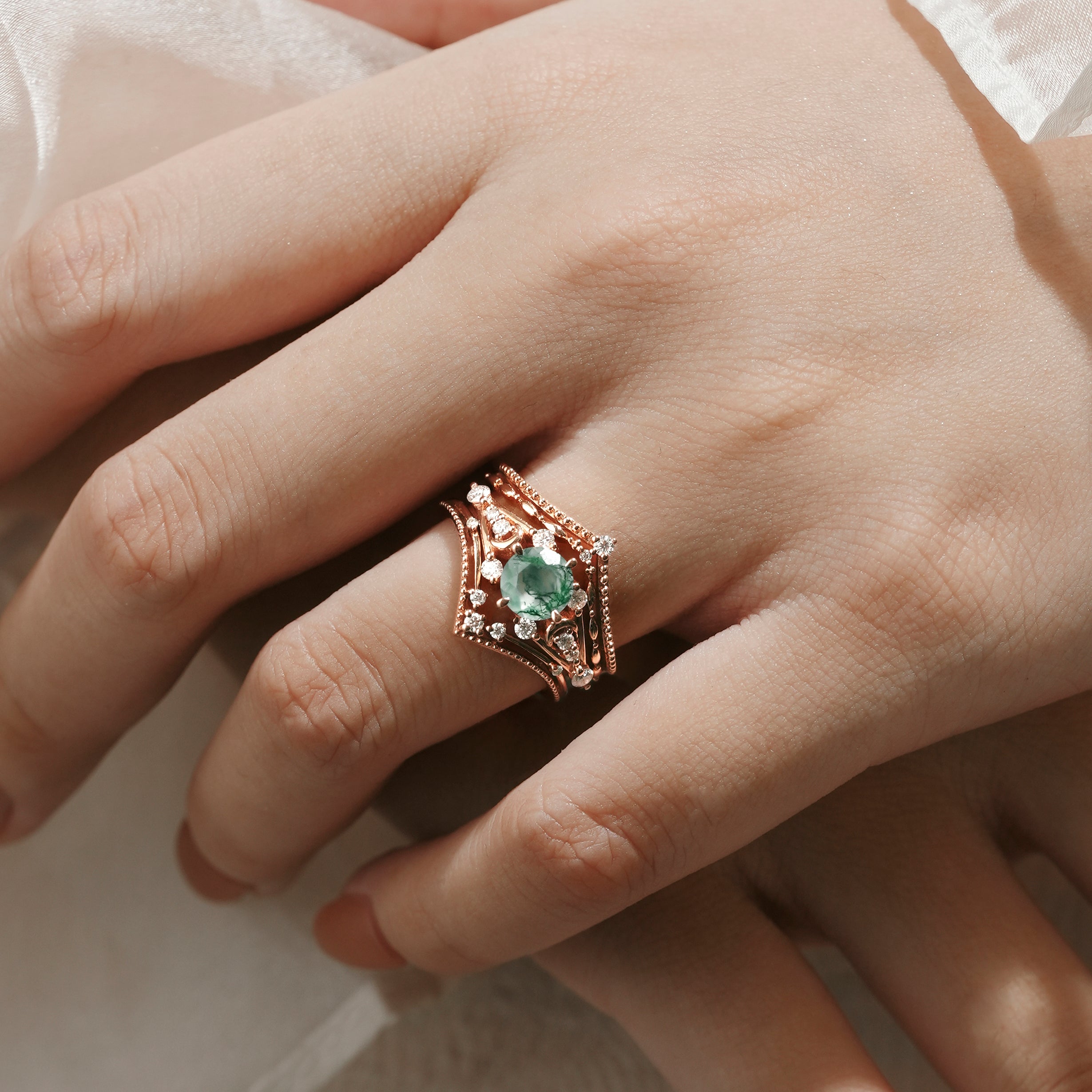 Rose gold moss agate engagement ring with moissanite accents and wedding bands. Vintage bridal ring set, for engagement.
