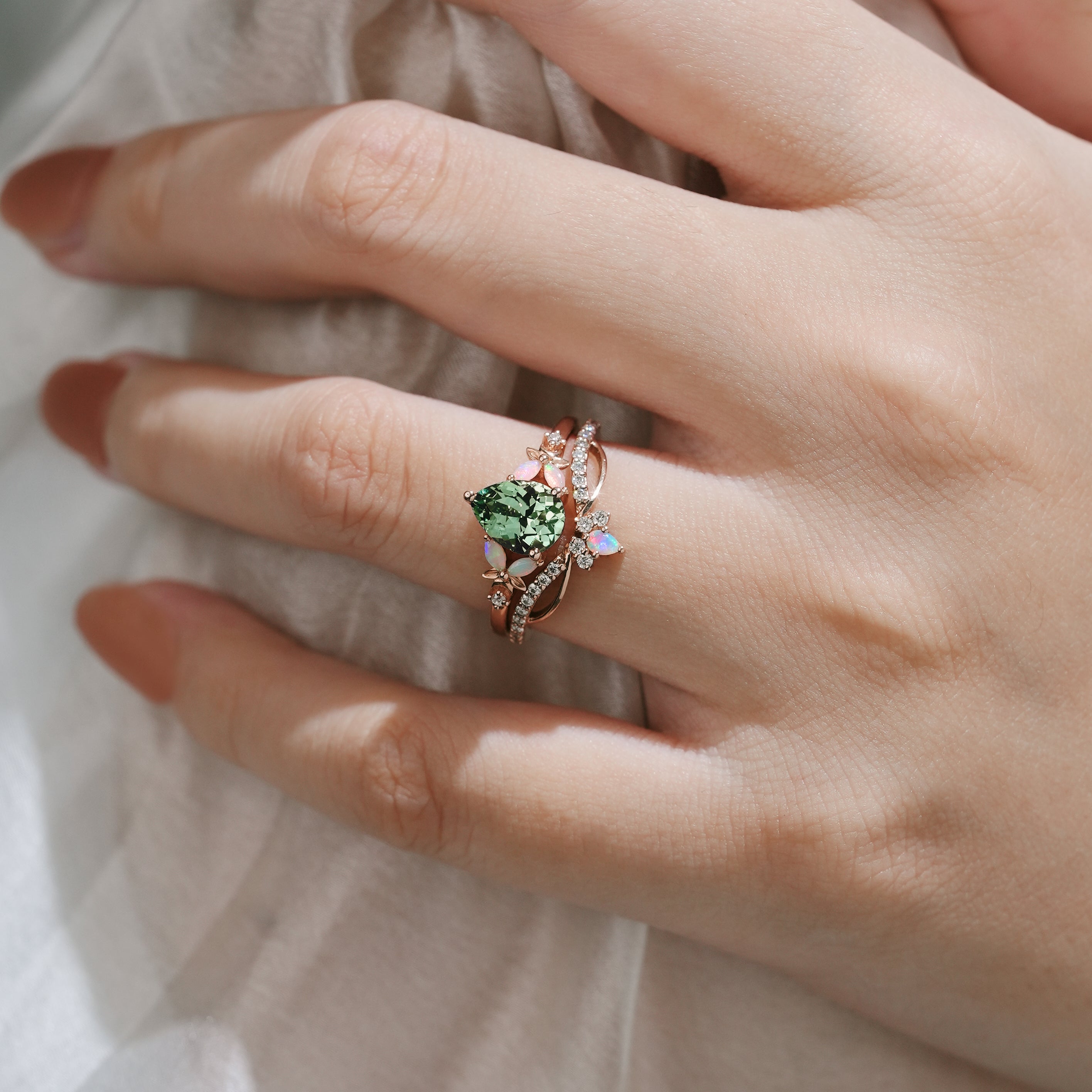 Green Sapphire Engagement Ring Set with Flower and Opal Details