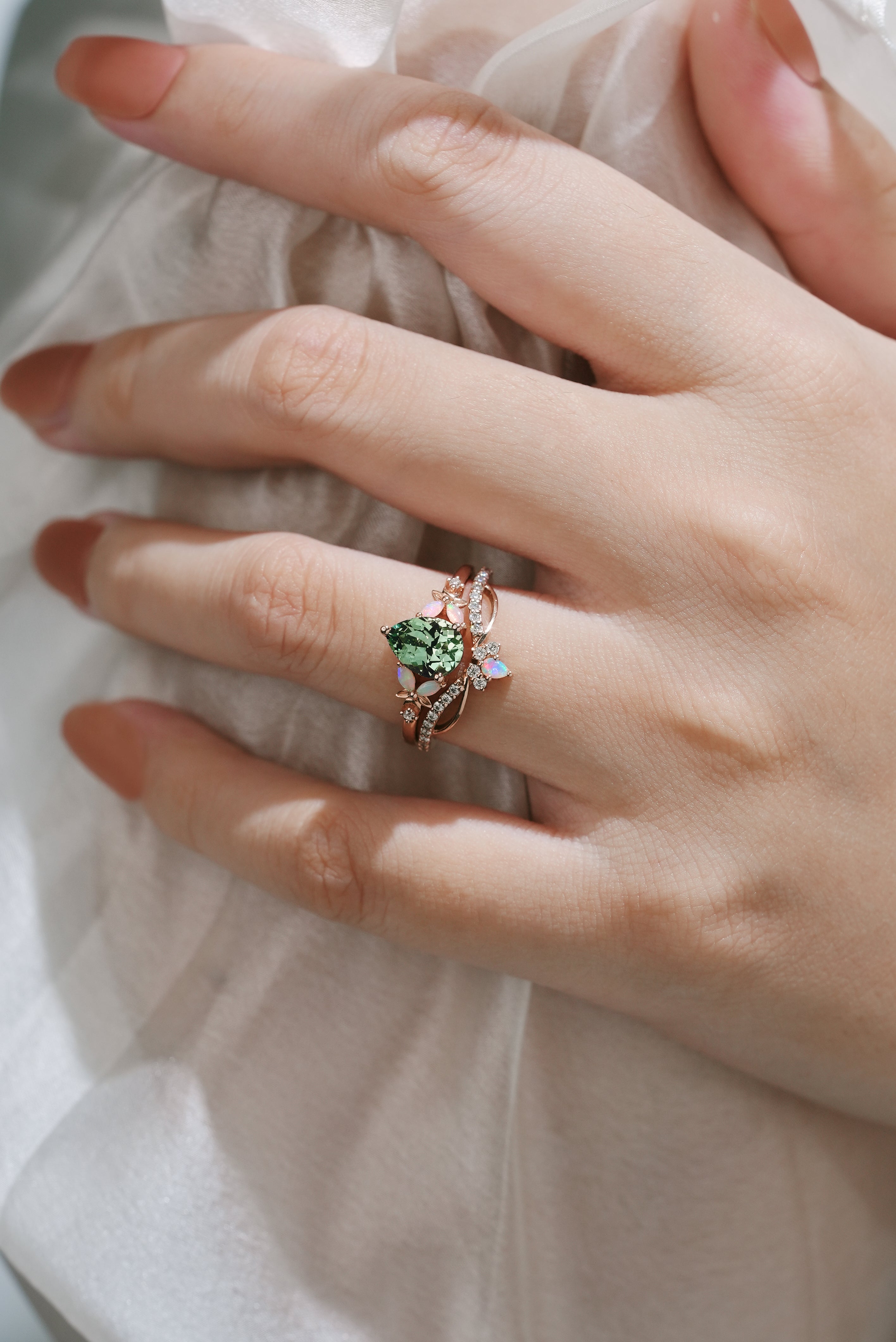 Green Sapphire Engagement Ring Set with Flower and Opal Details