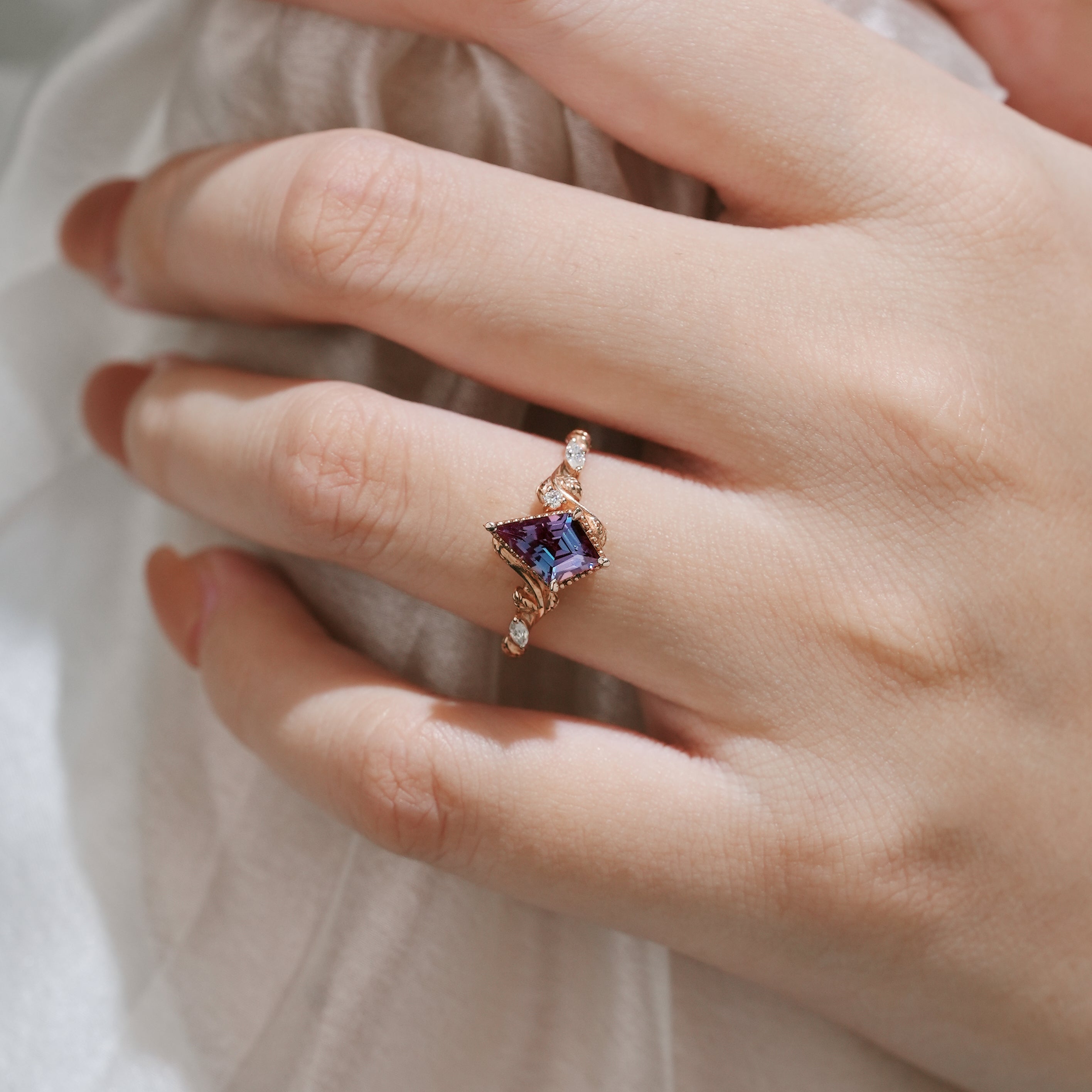 Alexandrite Kite Cut Engagement Ring with Leaf Accents
