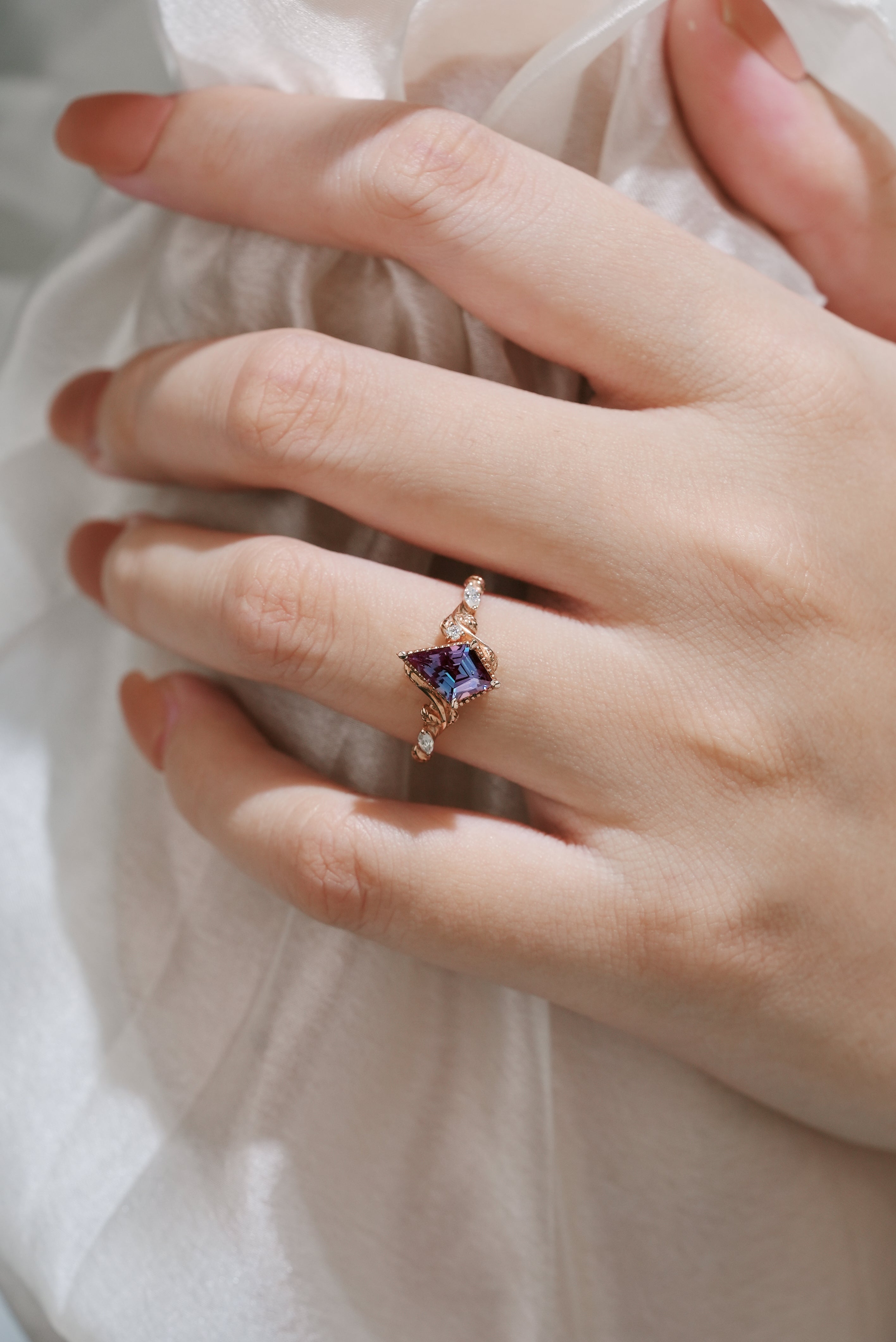 Alexandrite Kite Cut Engagement Ring with Leaf Accents