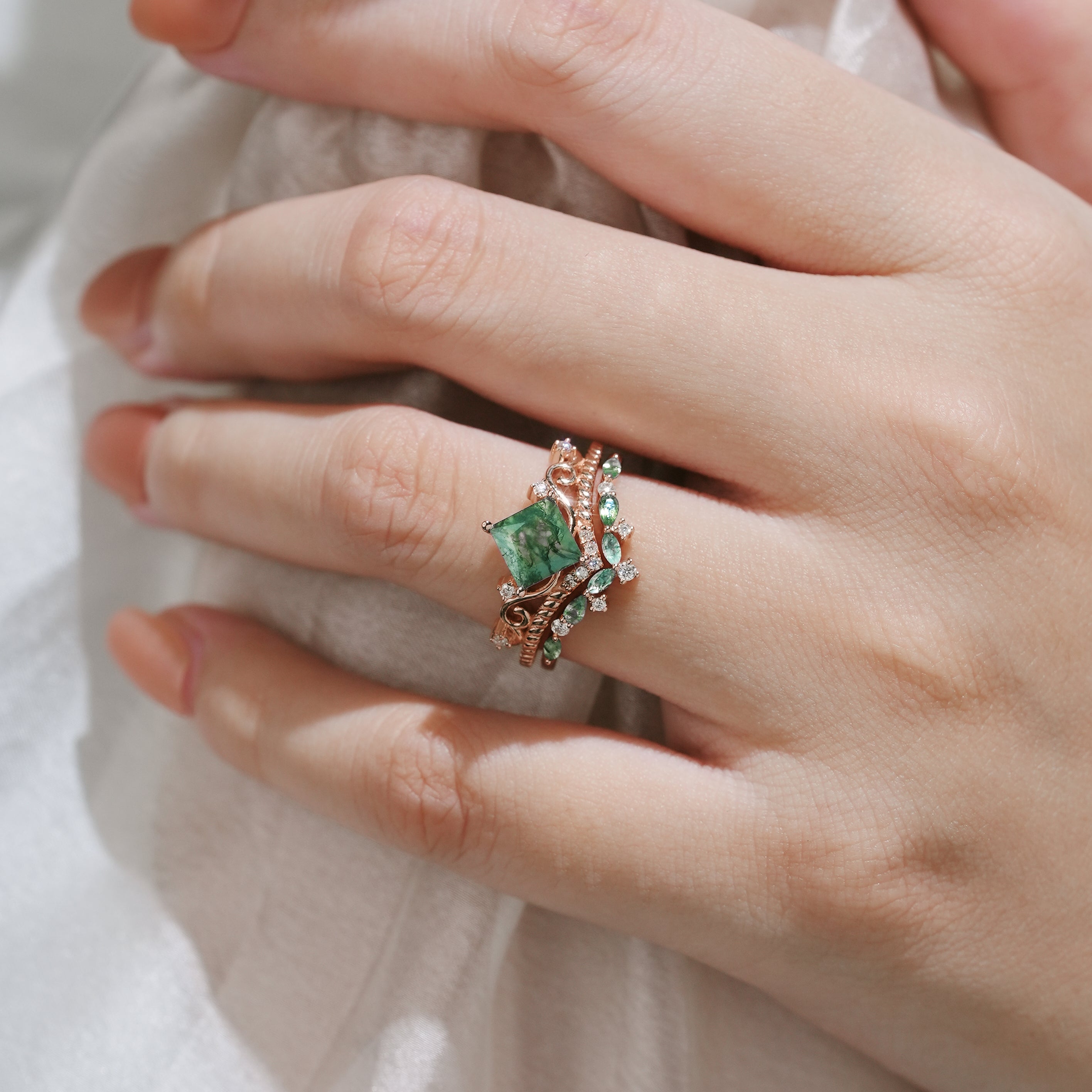 Princess Cut Moss Agate Engagement Ring & Wedding Band Set