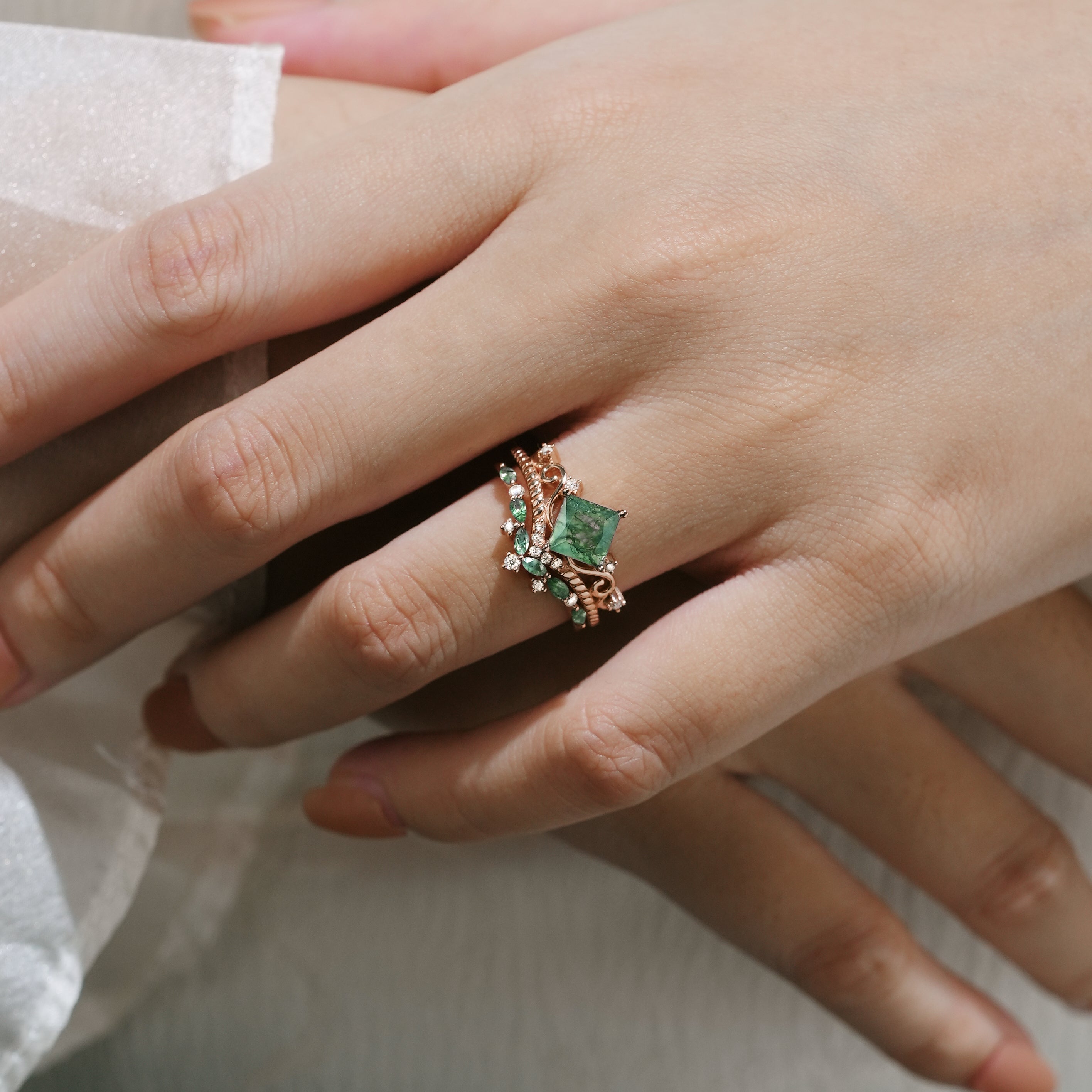 Moss Agate Bridal Ring Set on Hand