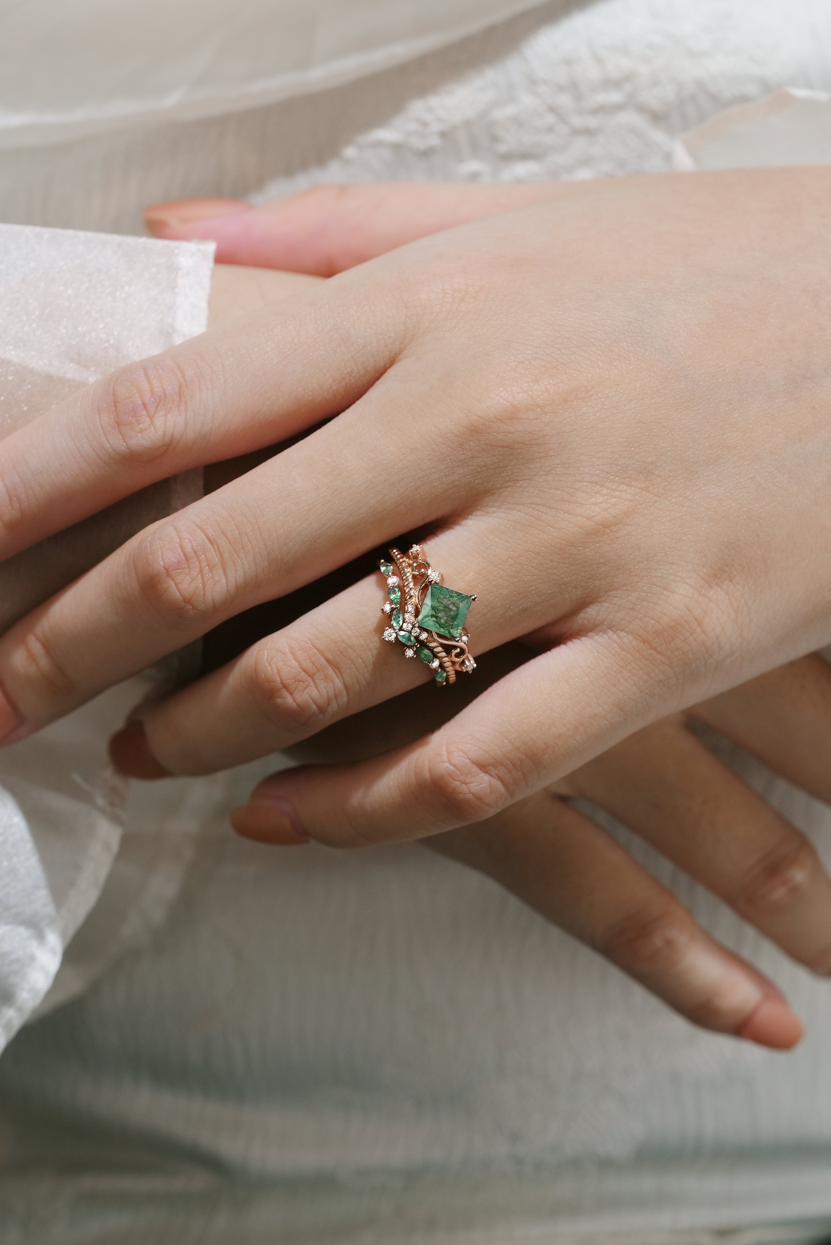 Moss Agate Bridal Ring Set on Hand