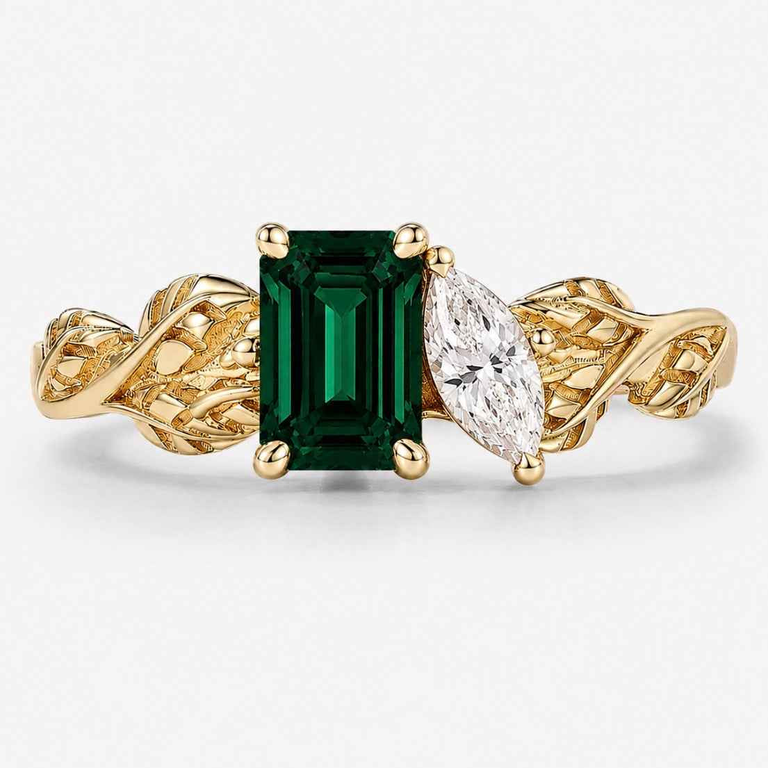 Custom Nature Inspired Leaf 2-Stone Toi et Moi Engagement Ring For Nephi
