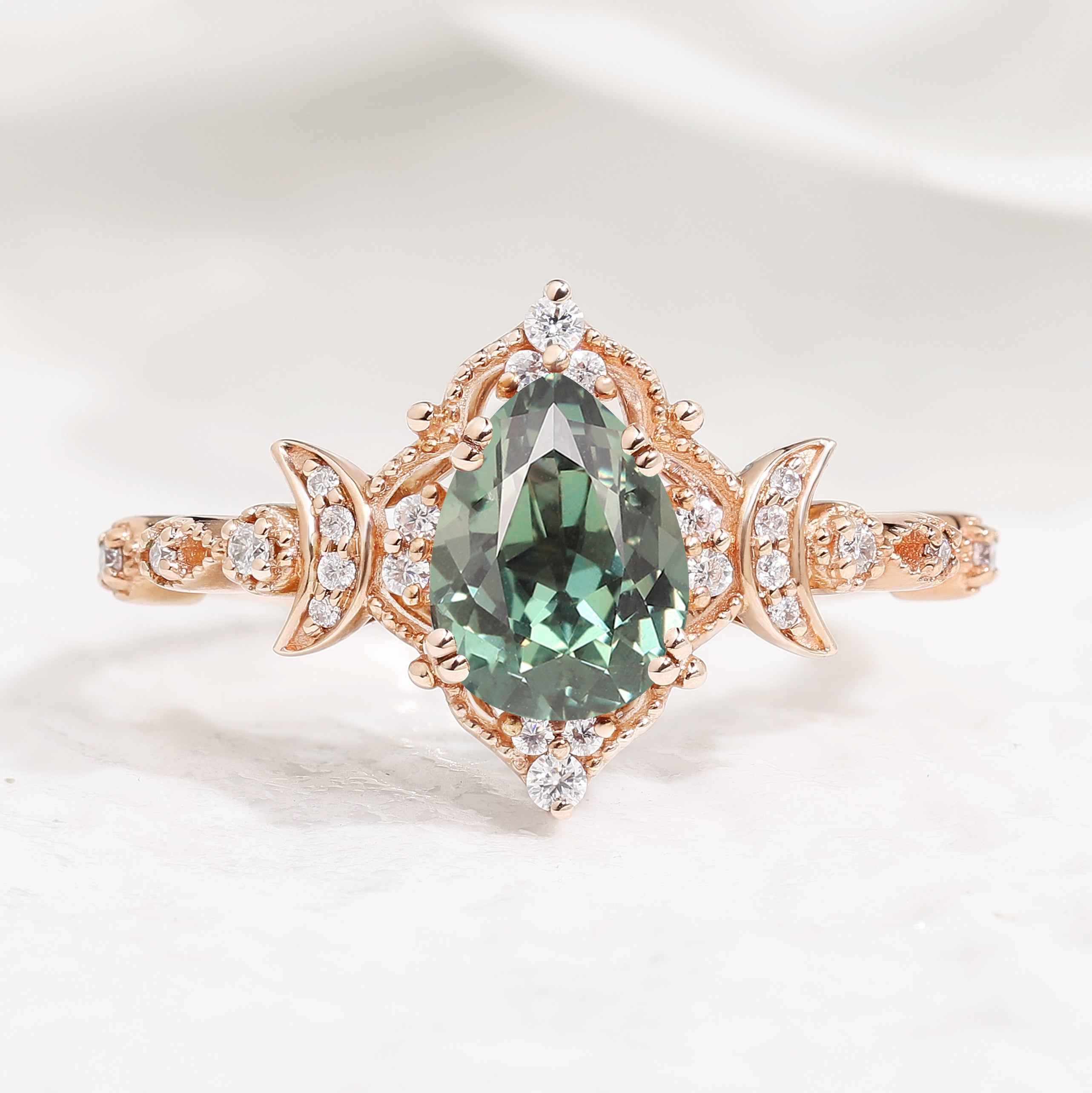 Unique Design Moon Inspired Pear Cut Lab Green Sapphire Engagement Ring