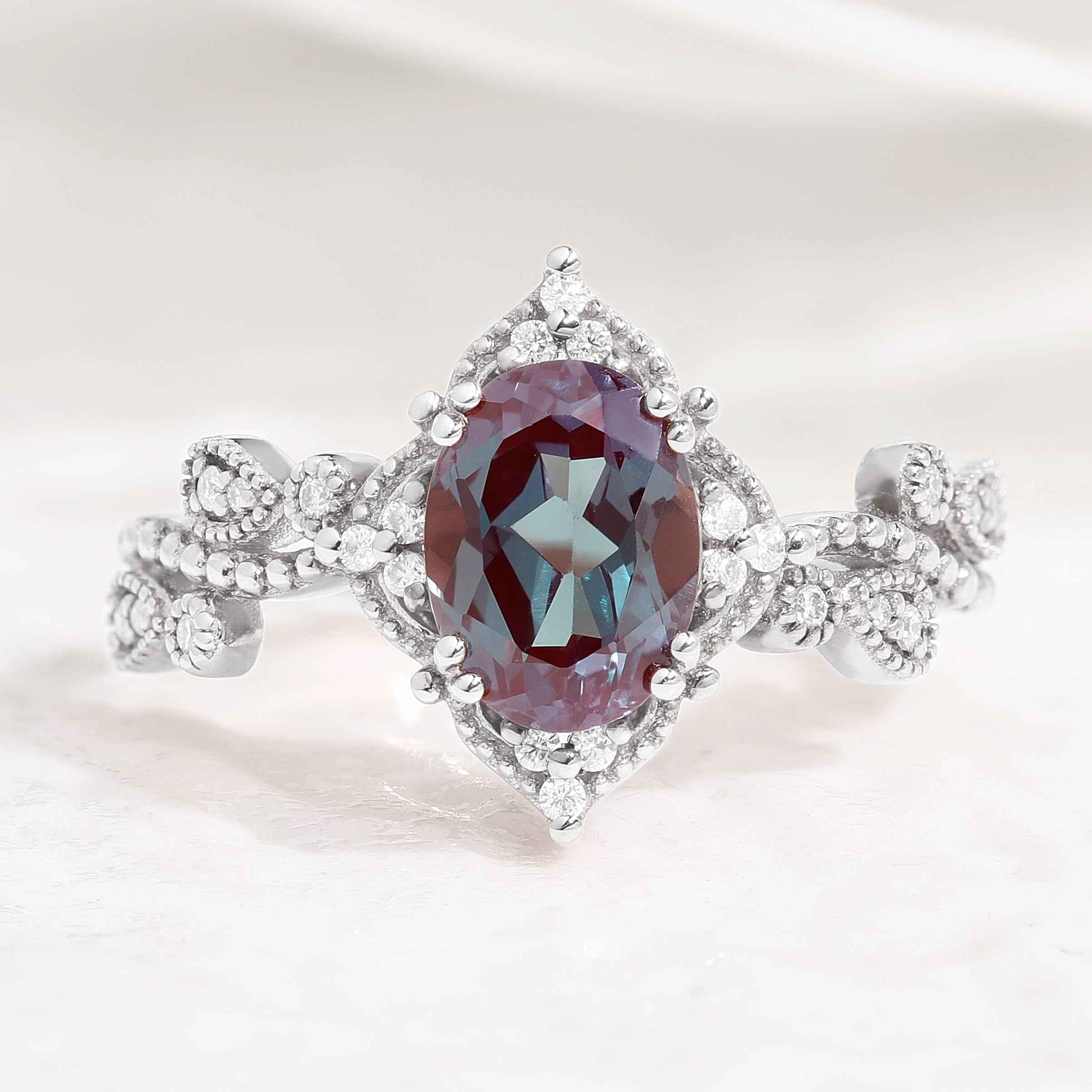 Vintage Rose Gold Alexandrite Handmade Ring Oval Cut Twisted Wedding Band