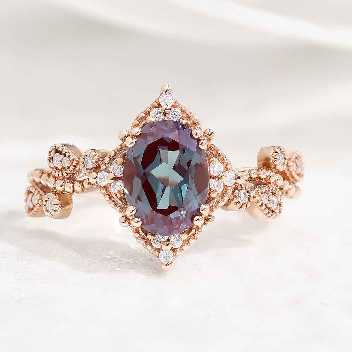 Vintage Rose Gold Alexandrite Handmade Ring Oval Cut Twisted Wedding Band