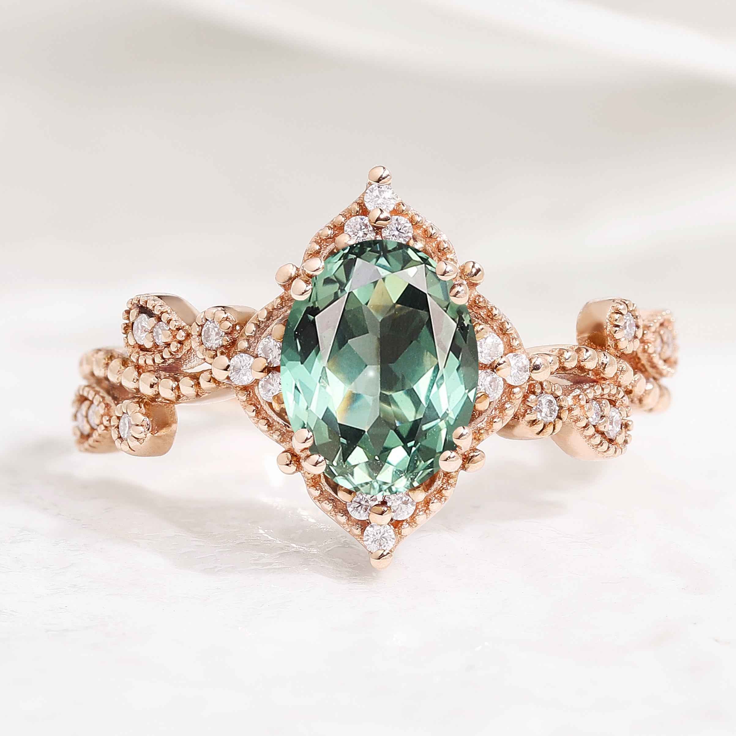 Unique Oval Cut Lab Green Sapphire Engagement Ring