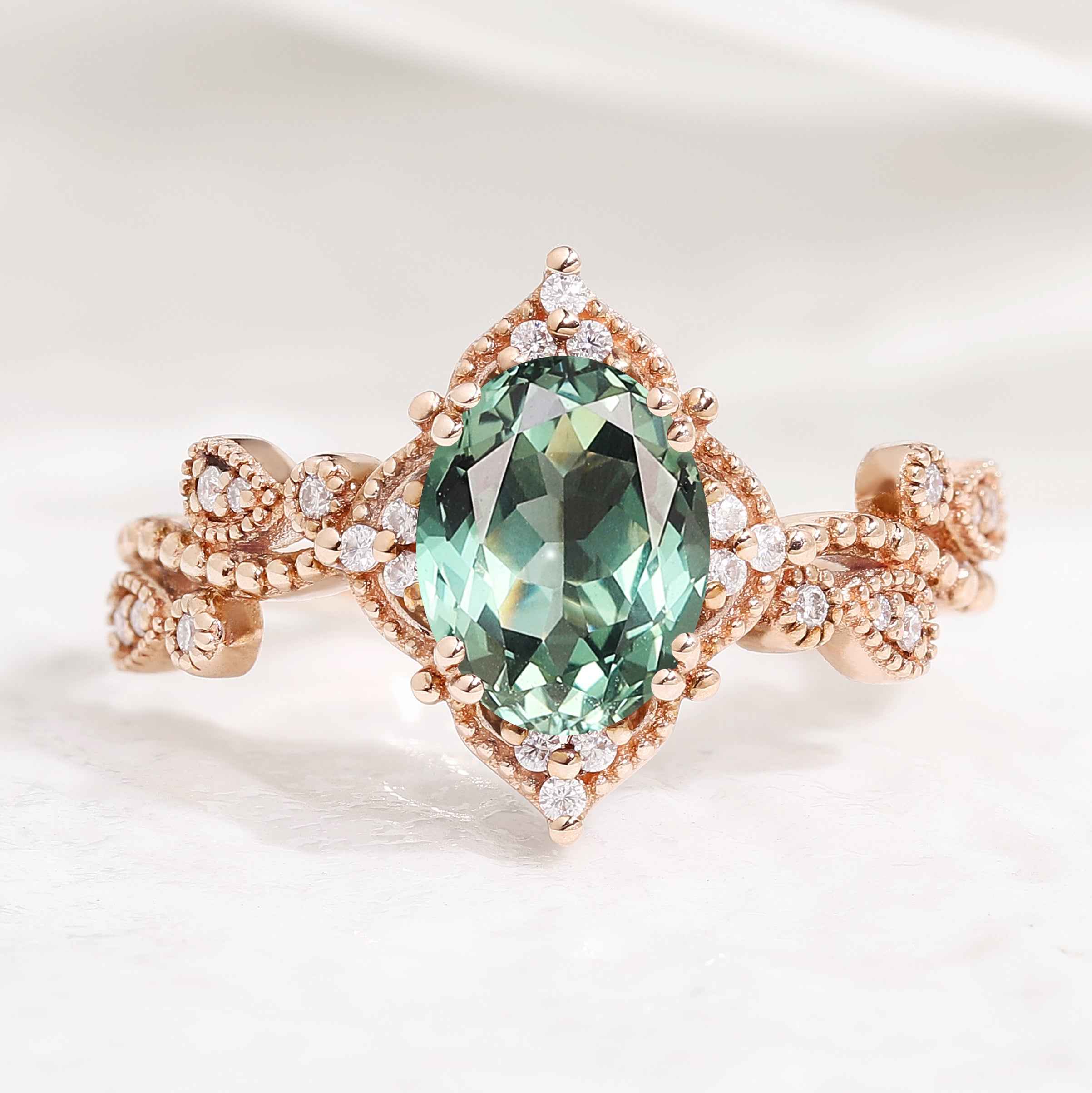 Unique Oval Cut Lab Green Sapphire Engagement Ring