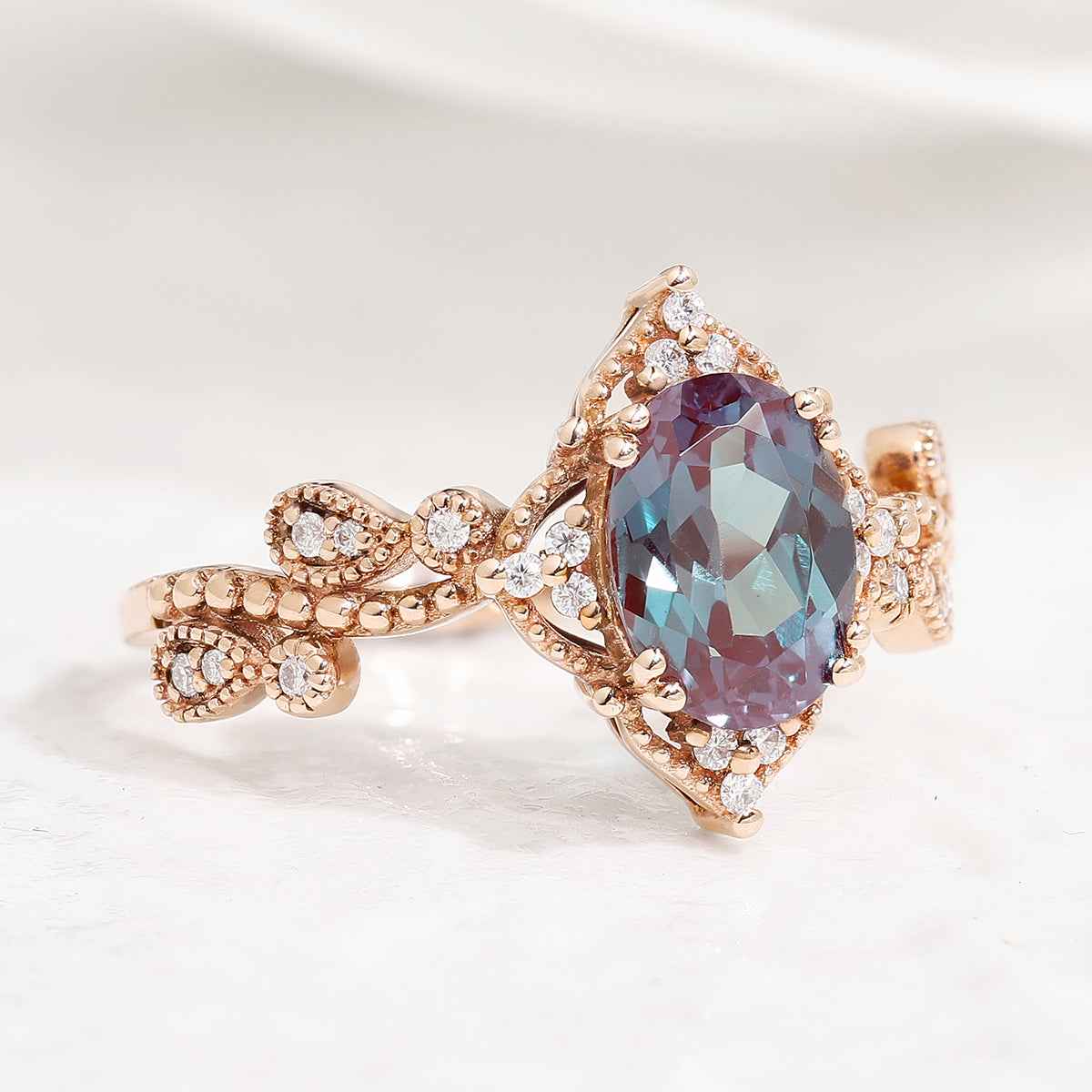 Vintage Rose Gold Alexandrite Handmade Ring Oval Cut Twisted Wedding Band