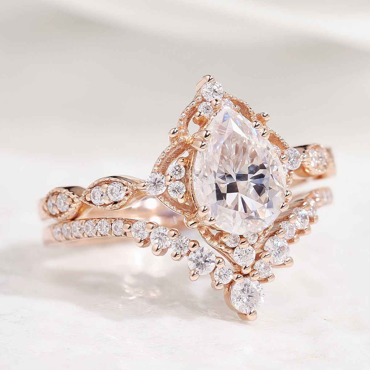 Vintage Pear Shaped Moissanite Engagement Ring Bridal Set 2pcs