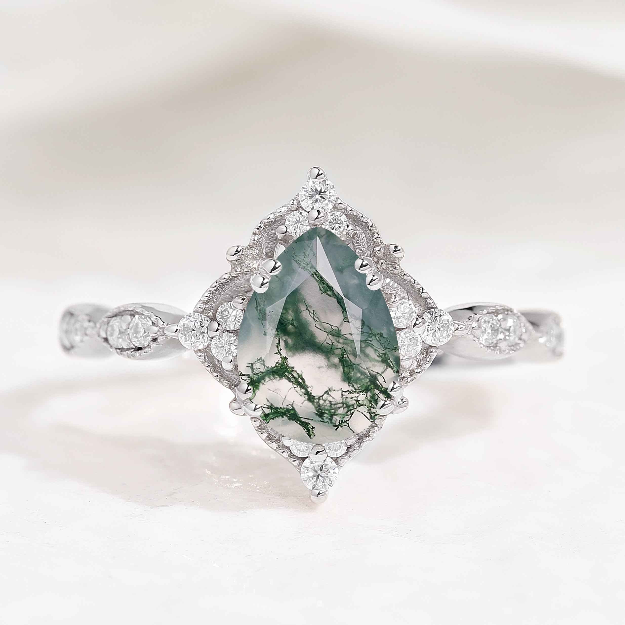Signature Vintage Pear Cut Moss Agate Engagement Ring