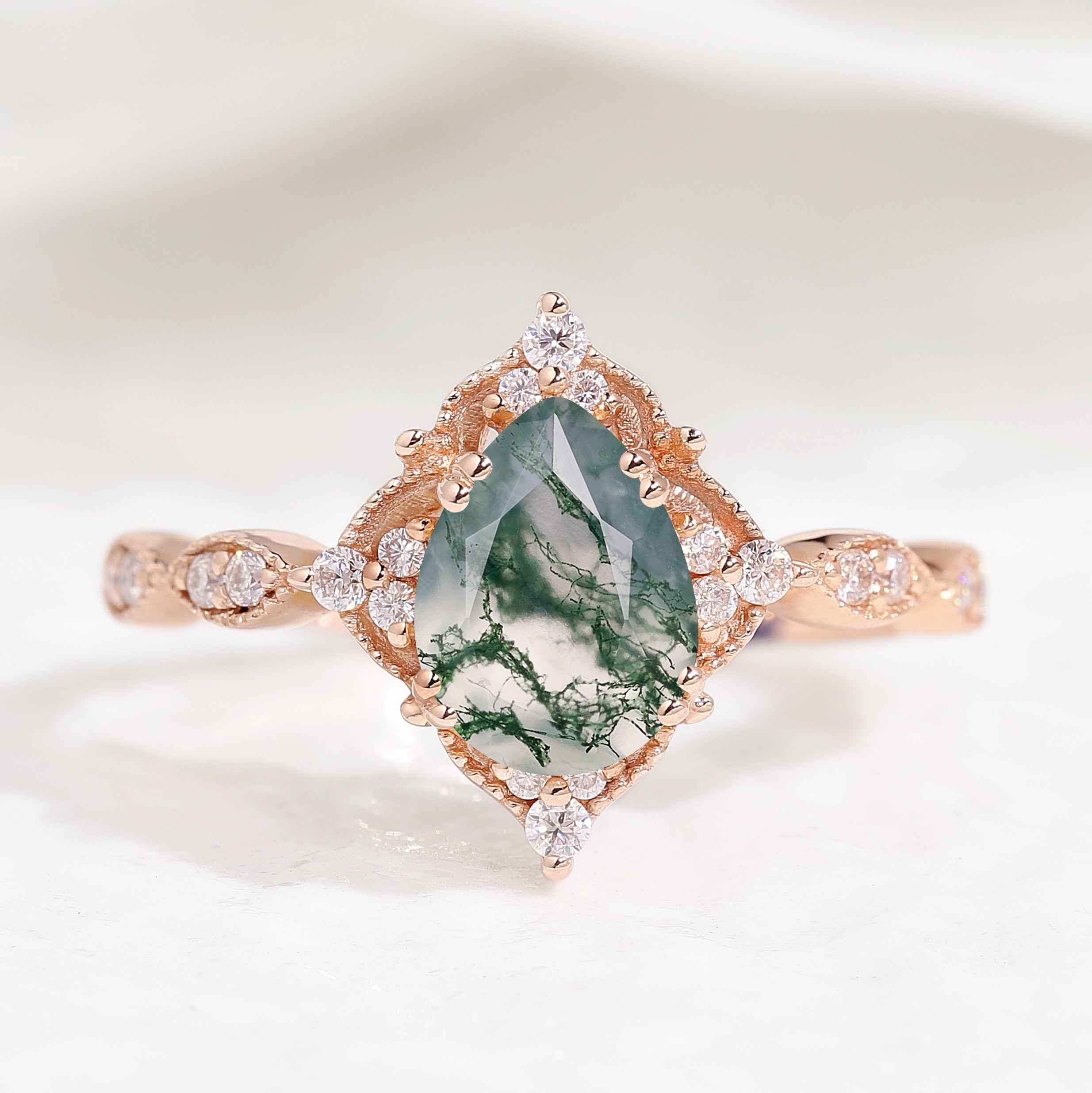 Signature Vintage Pear Cut Moss Agate Engagement Ring