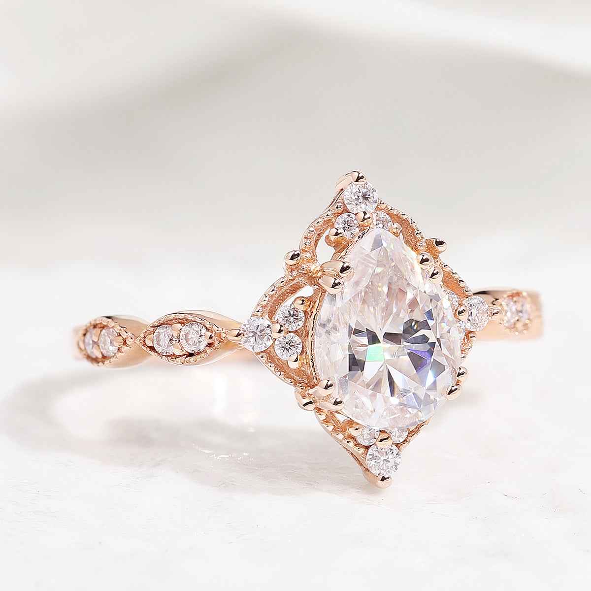 Vintage Pear Cut Moissanite Engagement Ring Rose Gold Ring