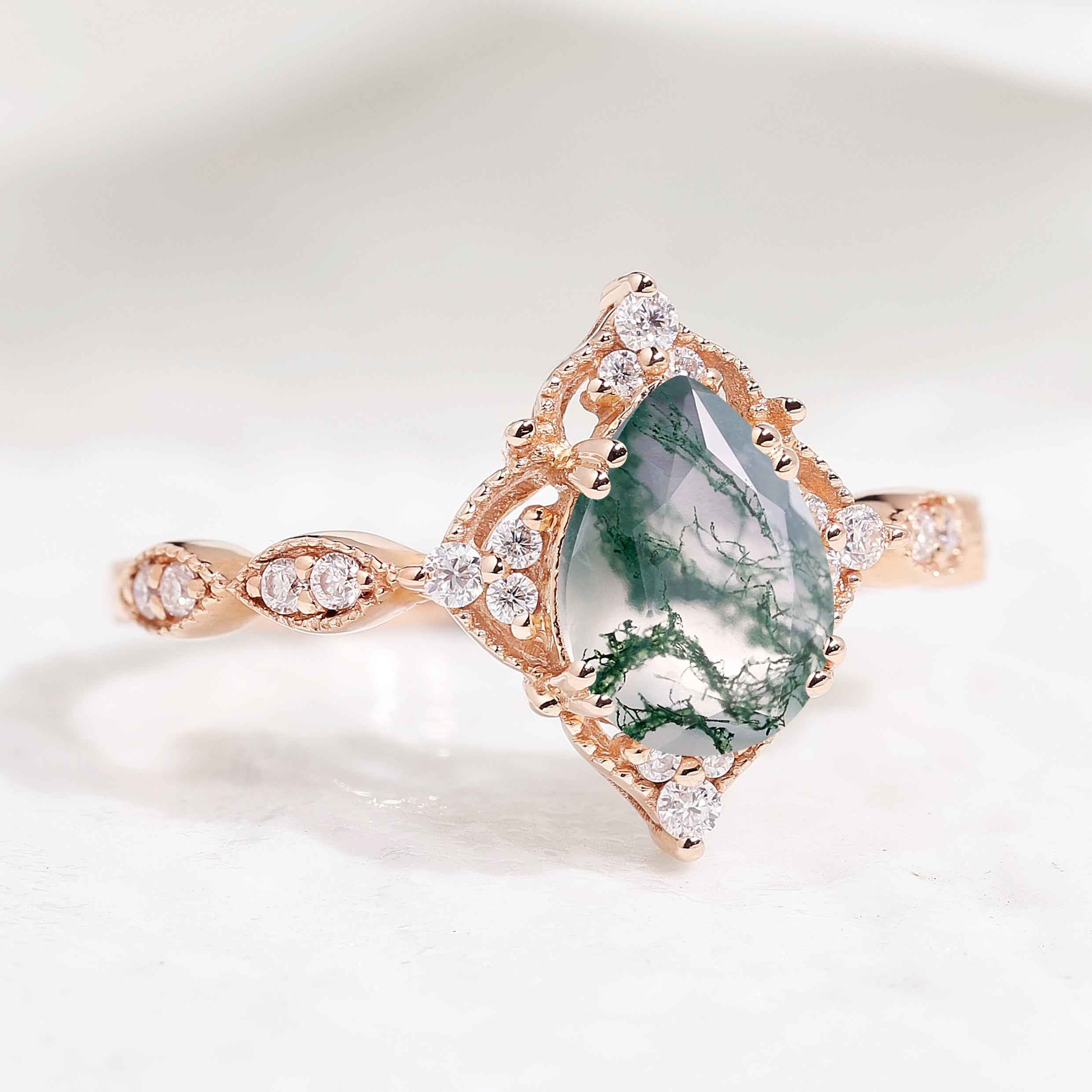 Signature Vintage Pear Cut Moss Agate Engagement Ring