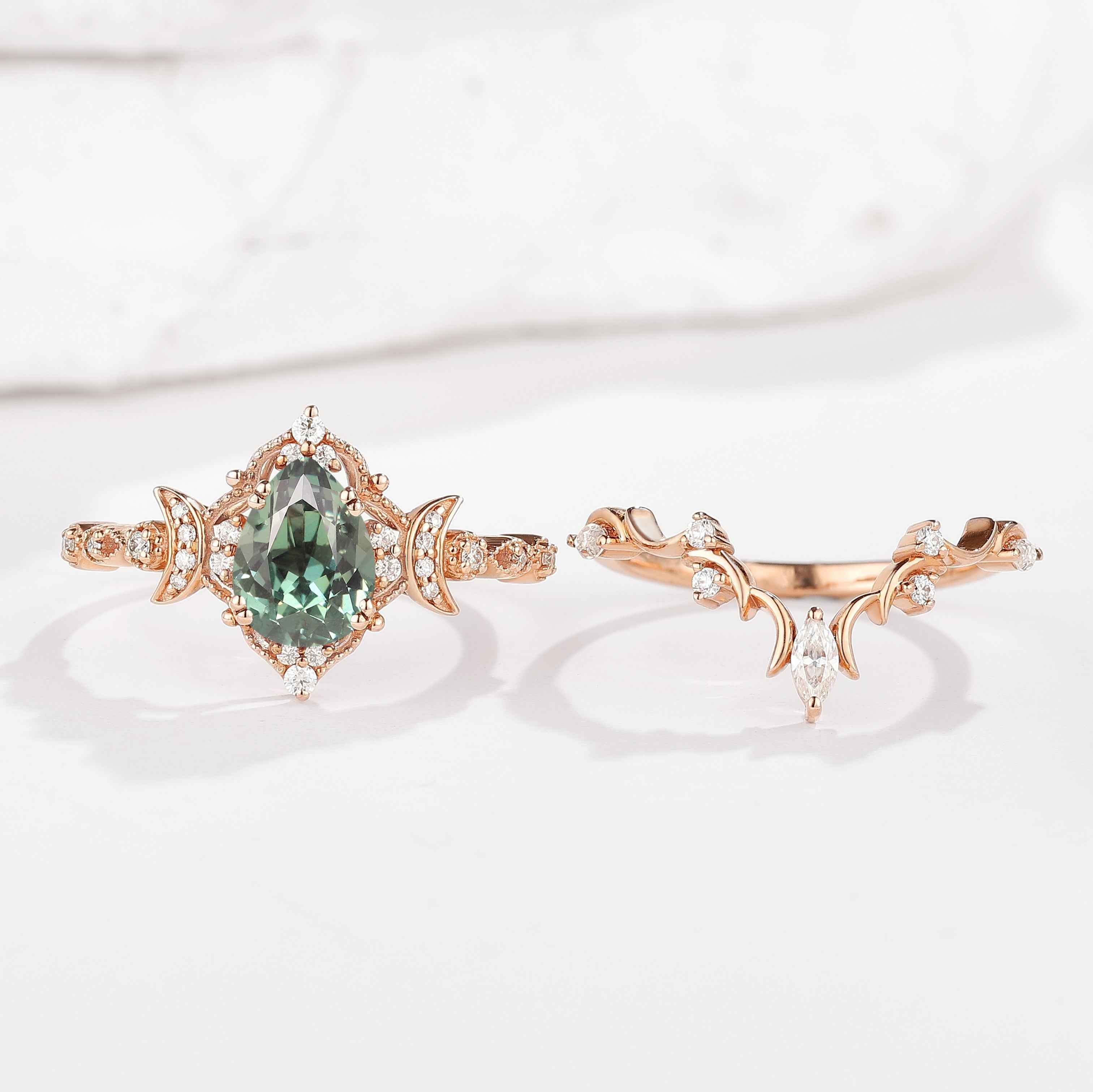 Unique Design Moon Ring Pear Cut Lab Green Sapphire Engagement Ring Sets 2pcs