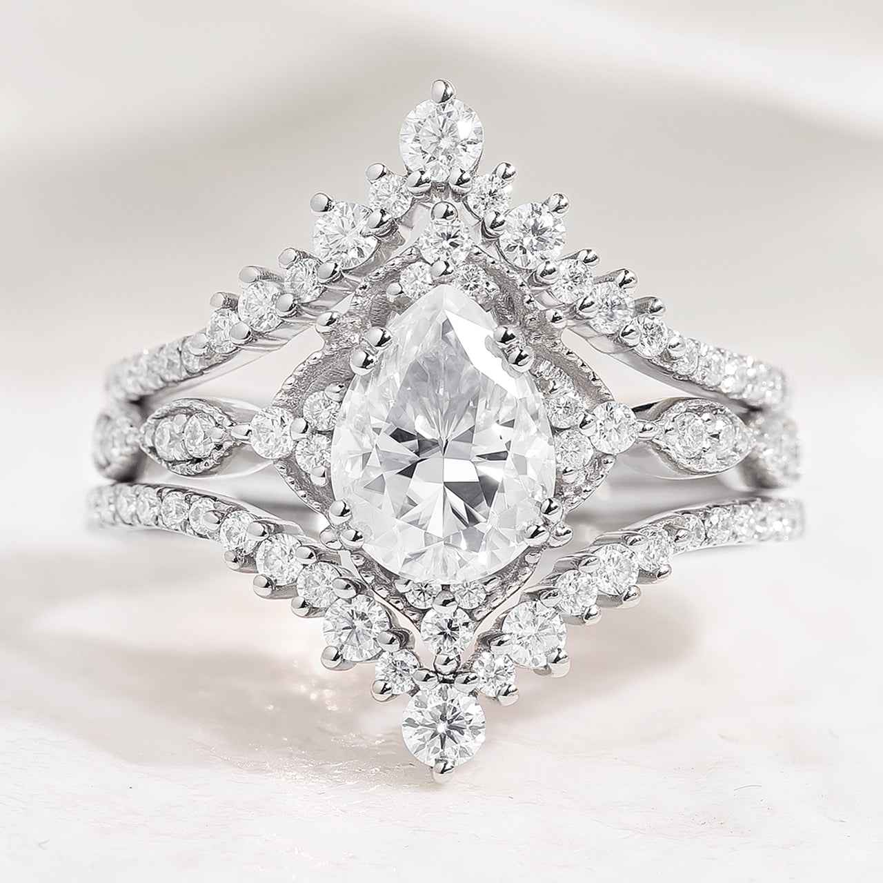 Vintage Pear Shaped Moissanite Engagement Ring Sets 3pcs