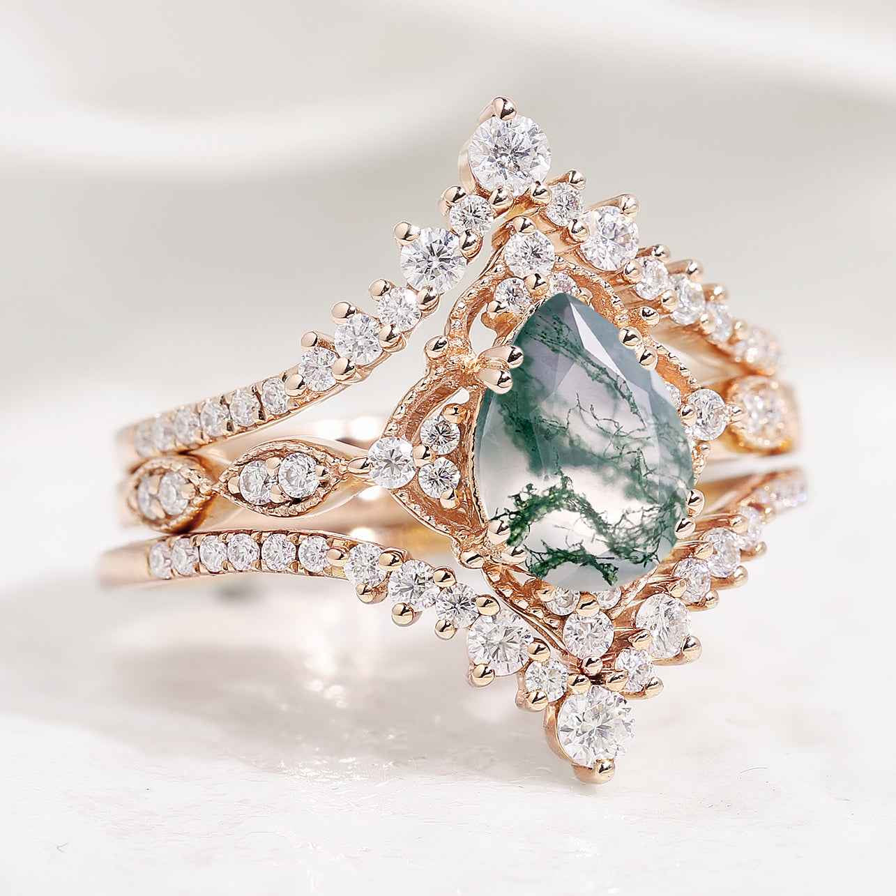 Vintage Pear Cut Moss Agate Engagement Ring Set Moissanite Wedding Bands 3pcs
