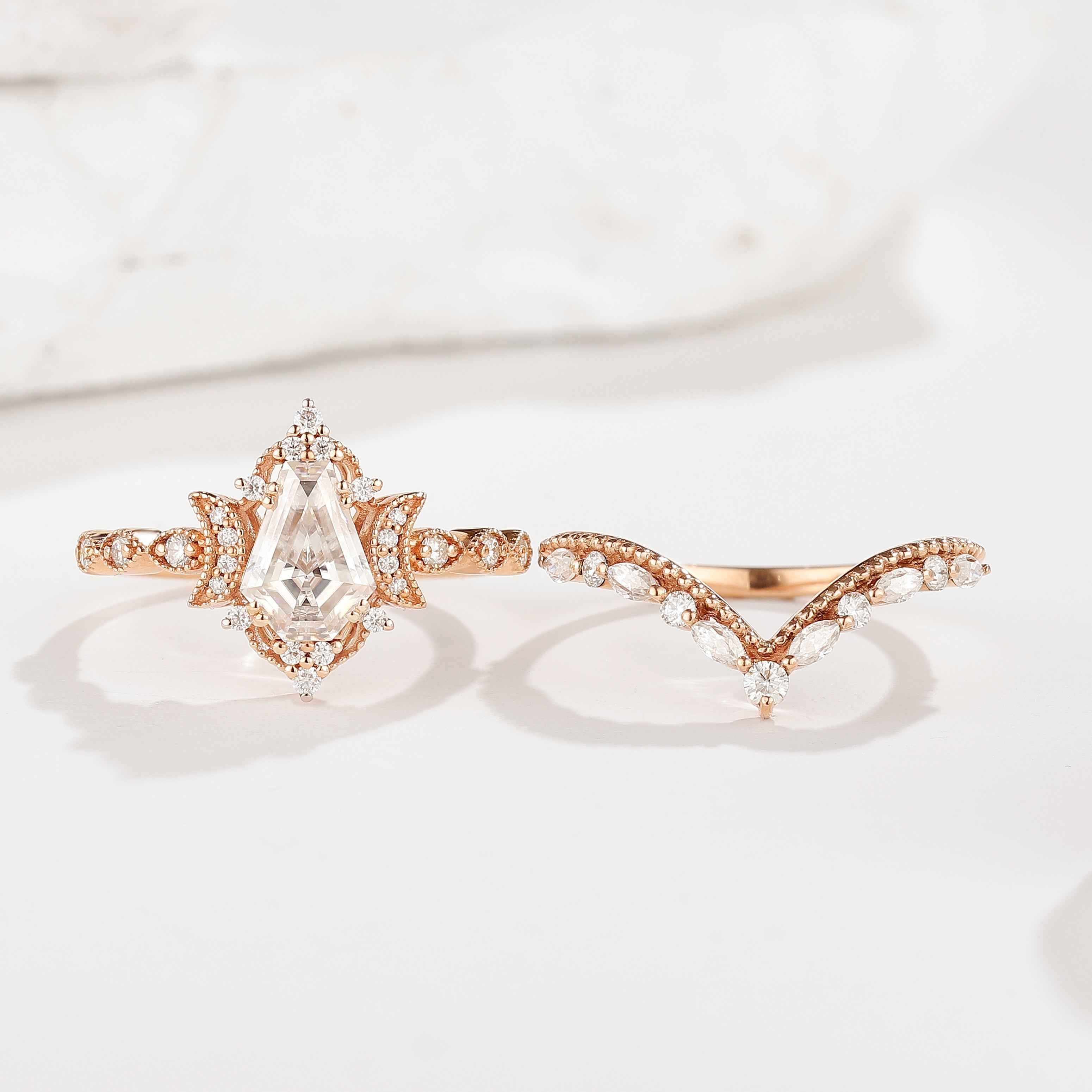 Coffin Cut Unique Moon Design Moissanite Engagement Ring Set Curved Wedding Band