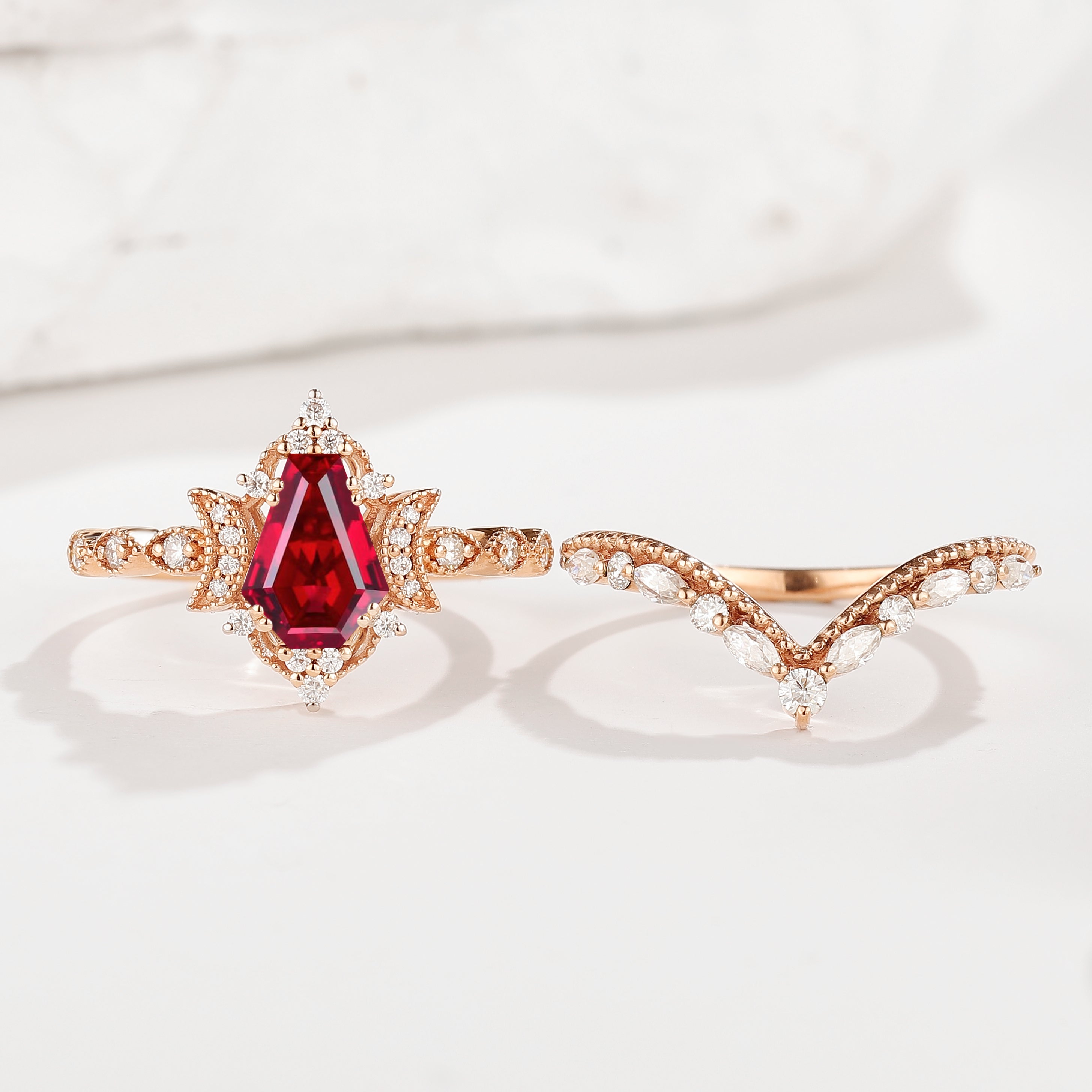 Ruby Engagement Ring Bridal Set, Coffin Cut Ruby, rose gold wedding ring