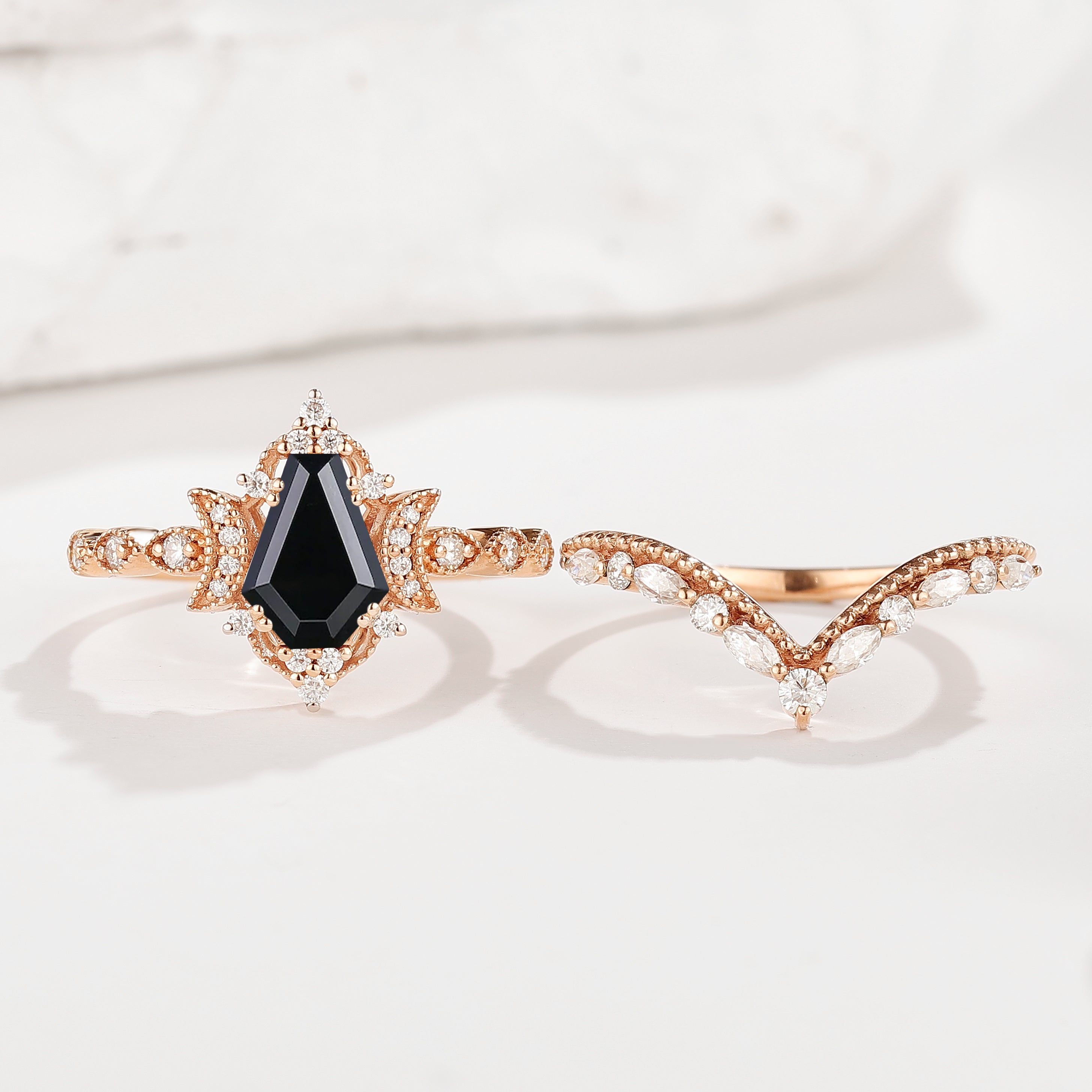 Rose Gold Black Onyx Coffin Cut Engagement Ring Set