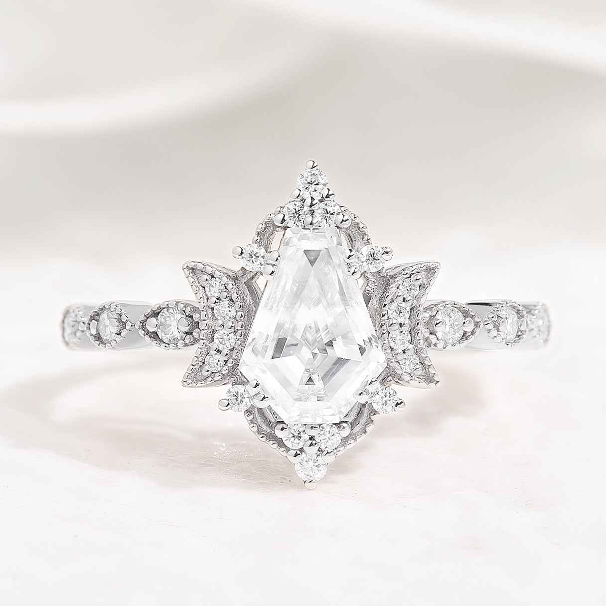 Coffin Cut Moissanite Engagement Ring Unique Moon Design Promise Wedding Ring