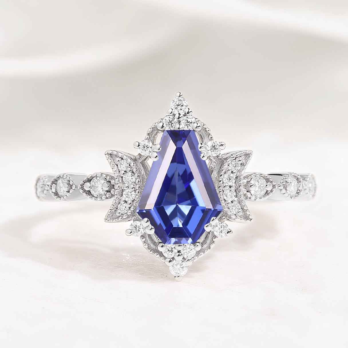 Unique Coffin Cut Lab Blue Sapphire Moon Inspired Engagement Ring