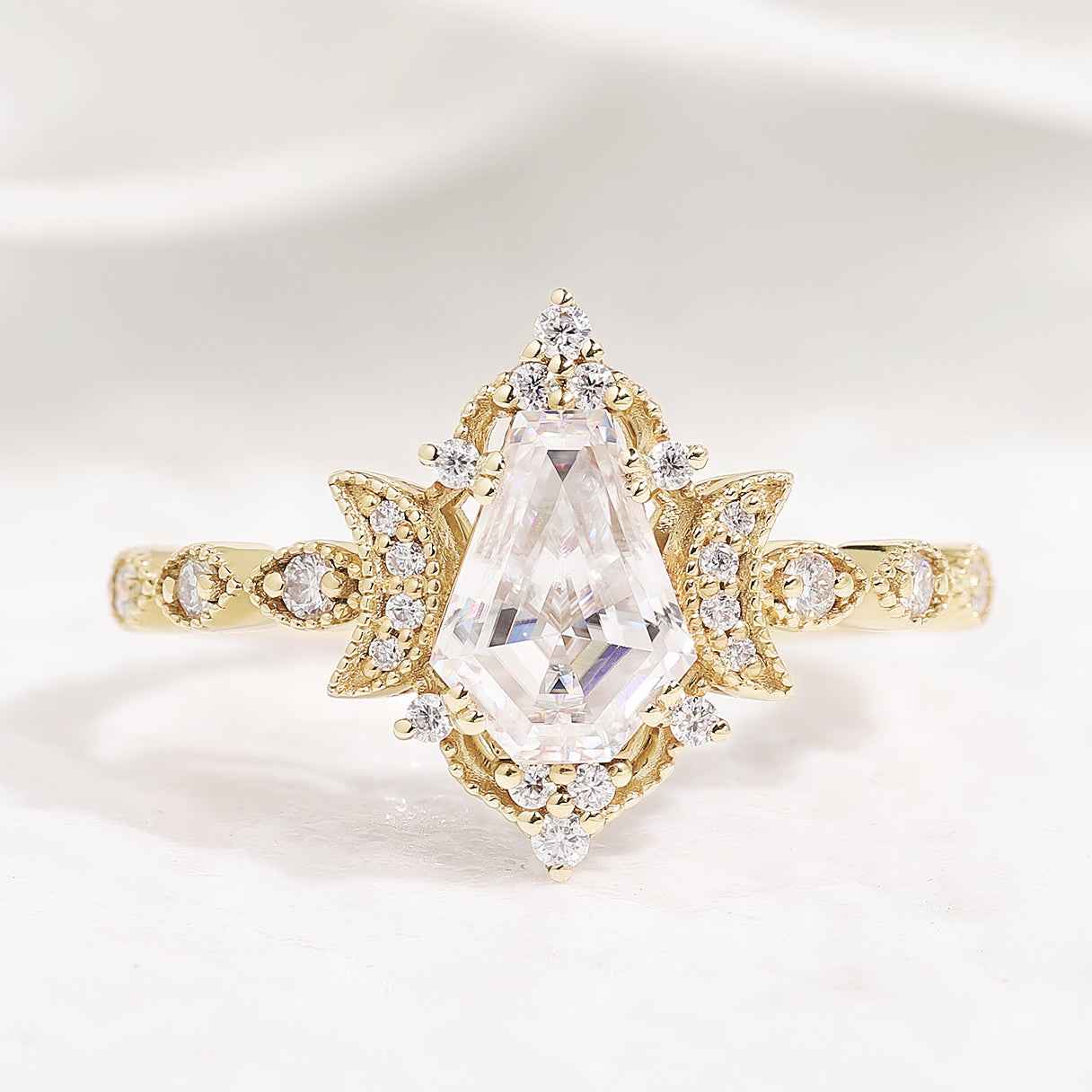Coffin Cut Moissanite Engagement Ring Unique Moon Design Promise Wedding Ring