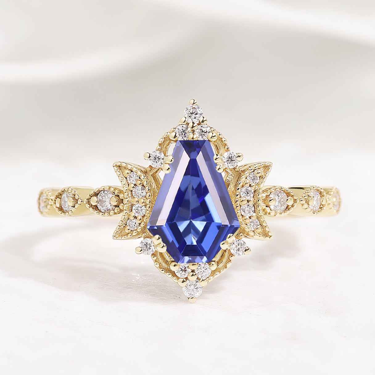 Unique Coffin Cut Lab Blue Sapphire Moon Inspired Engagement Ring