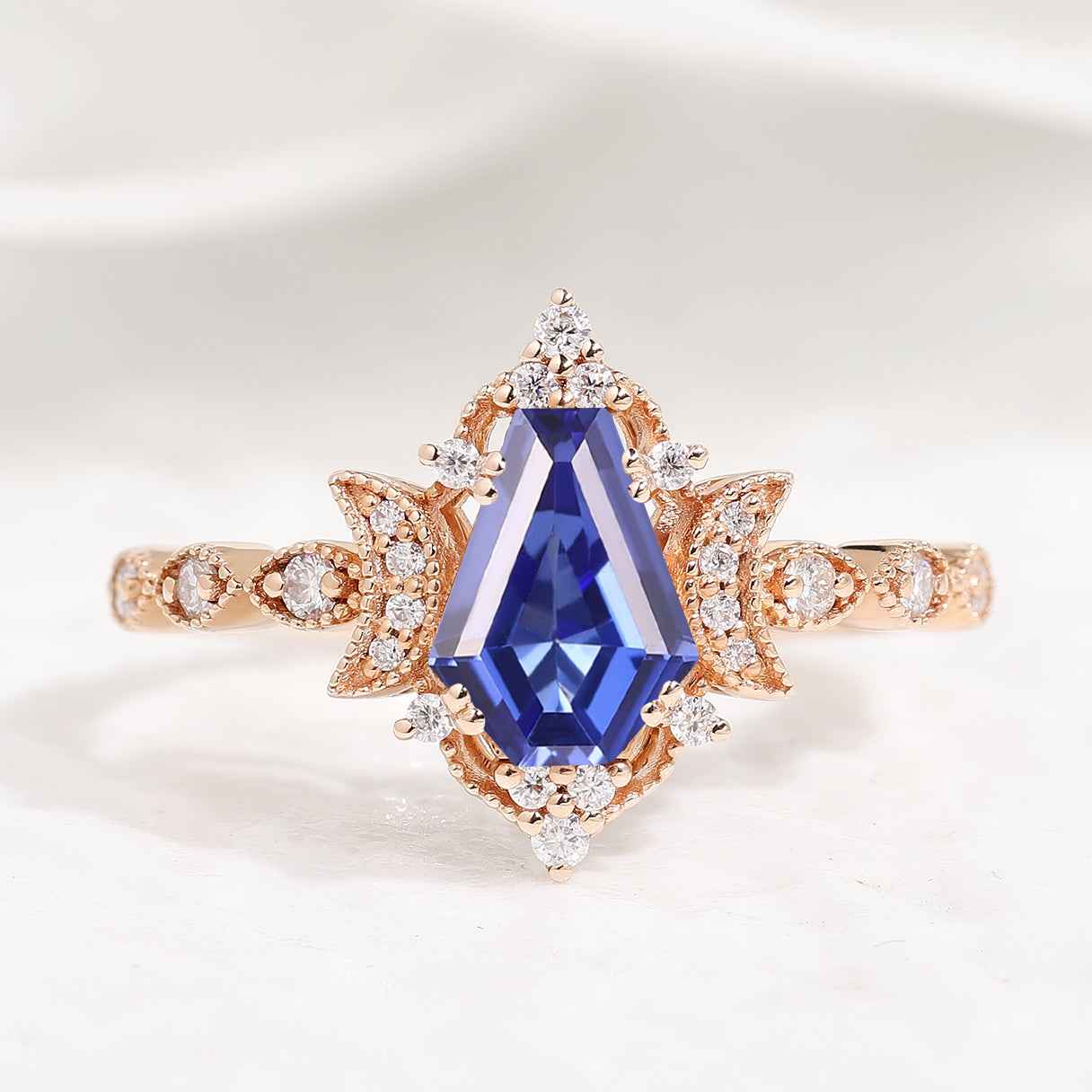 Unique Coffin Cut Lab Blue Sapphire Moon Inspired Engagement Ring