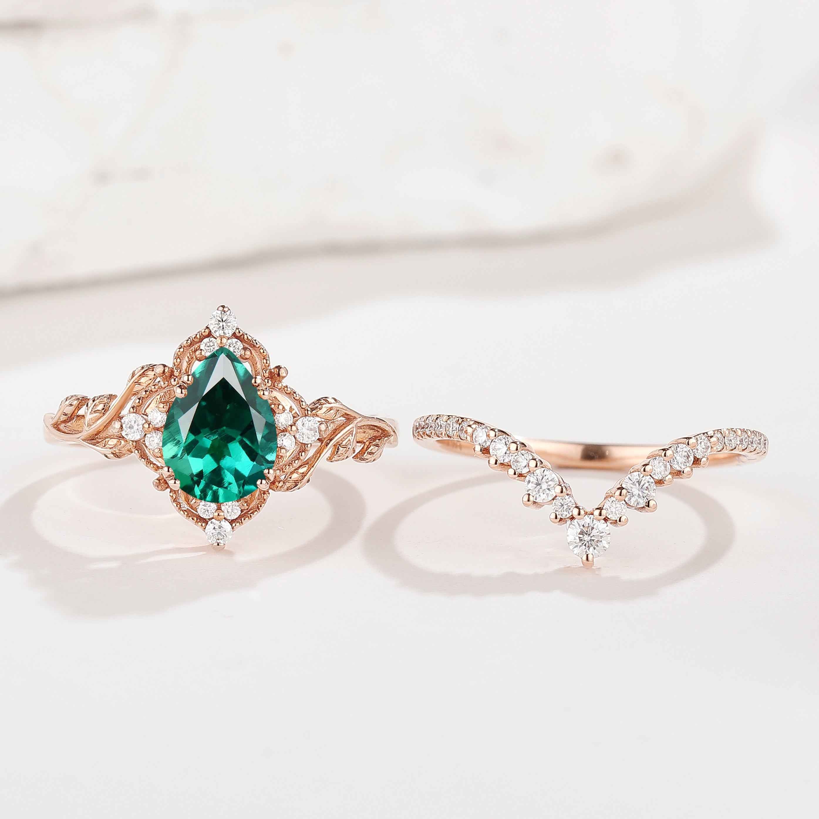 10K Nature Inspired Pear Cut Lab Emerald Leaf Engagement Ring Set 2pcs