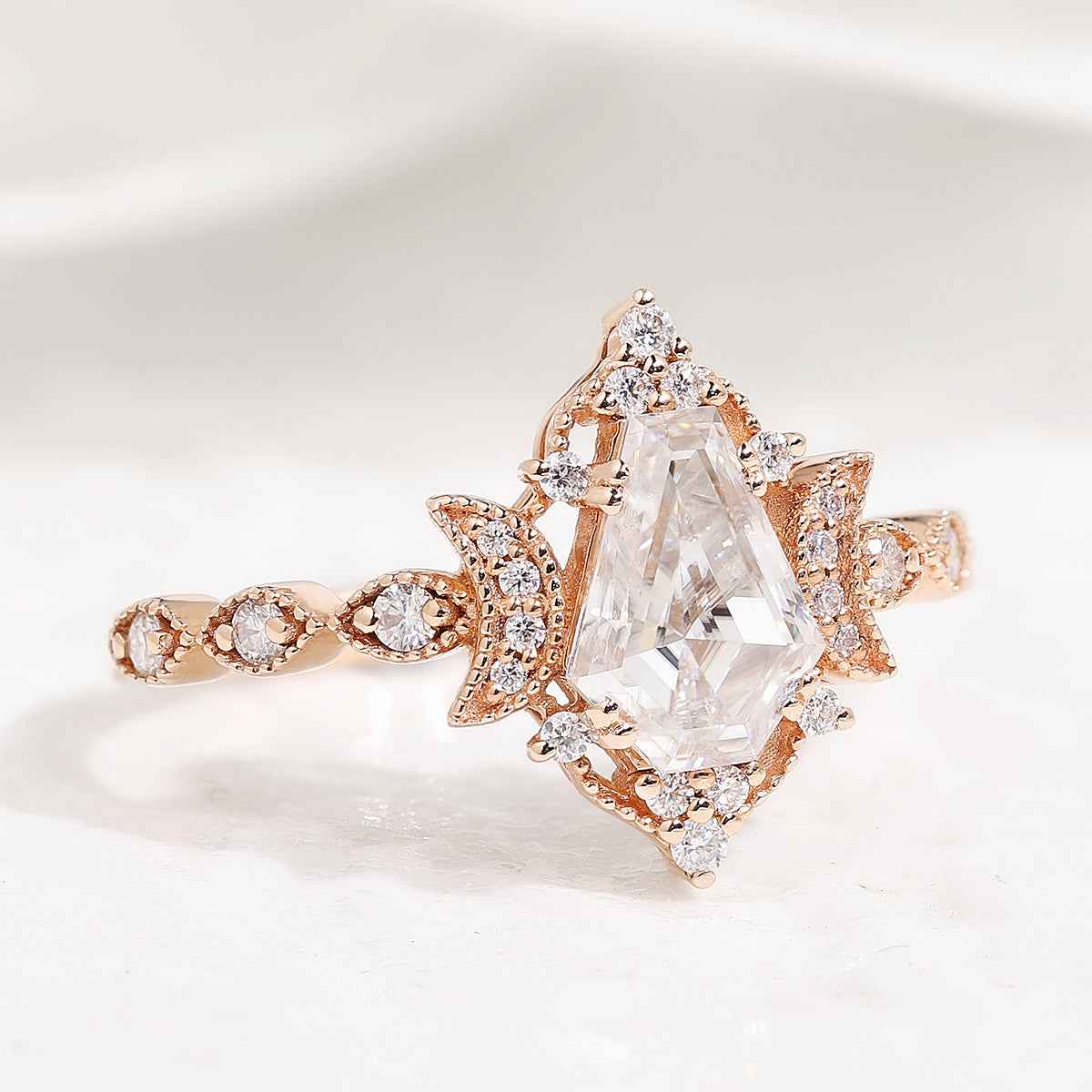 Coffin Cut Moissanite Engagement Ring Unique Moon Design Promise Wedding Ring