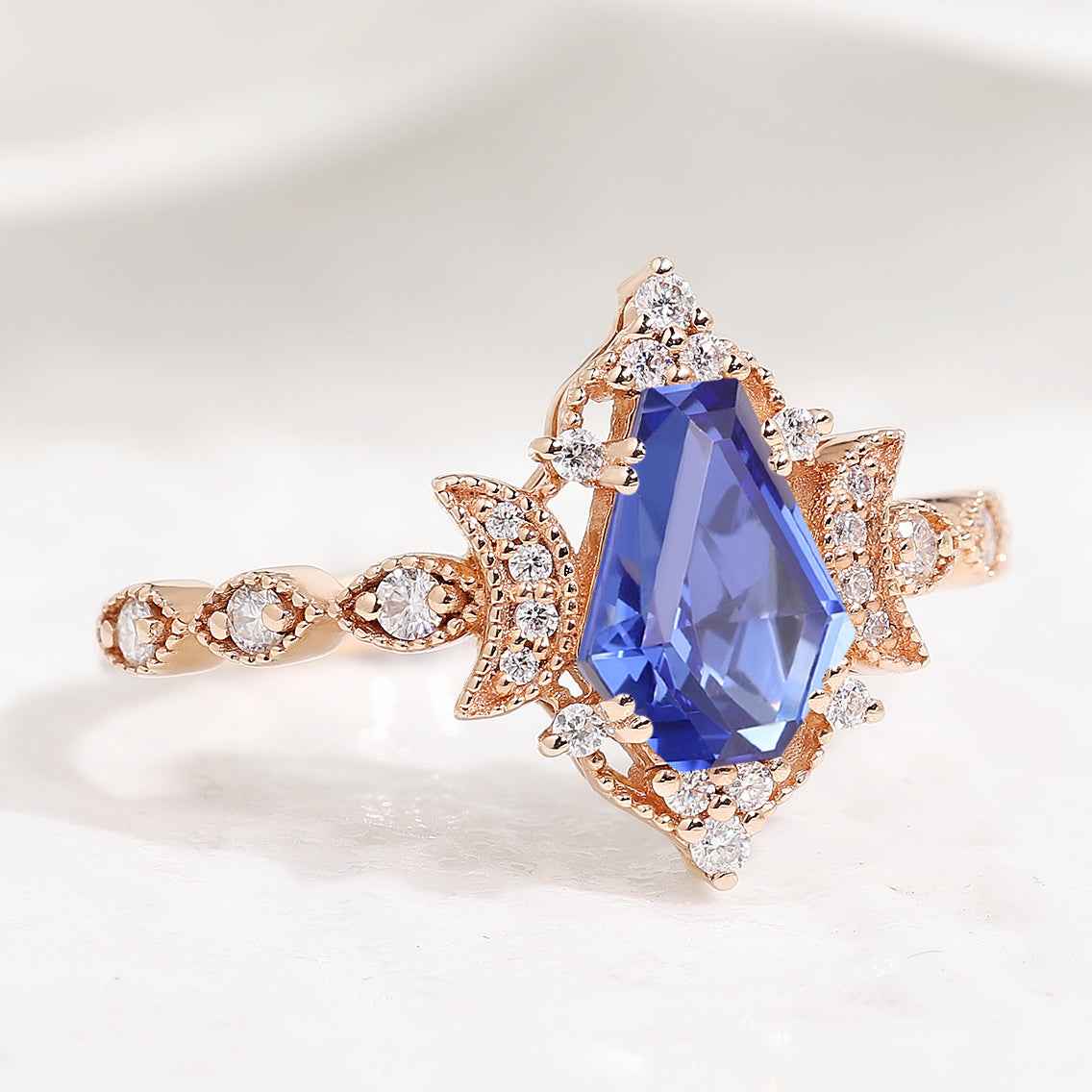 Unique Coffin Cut Lab Blue Sapphire Moon Inspired Engagement Ring
